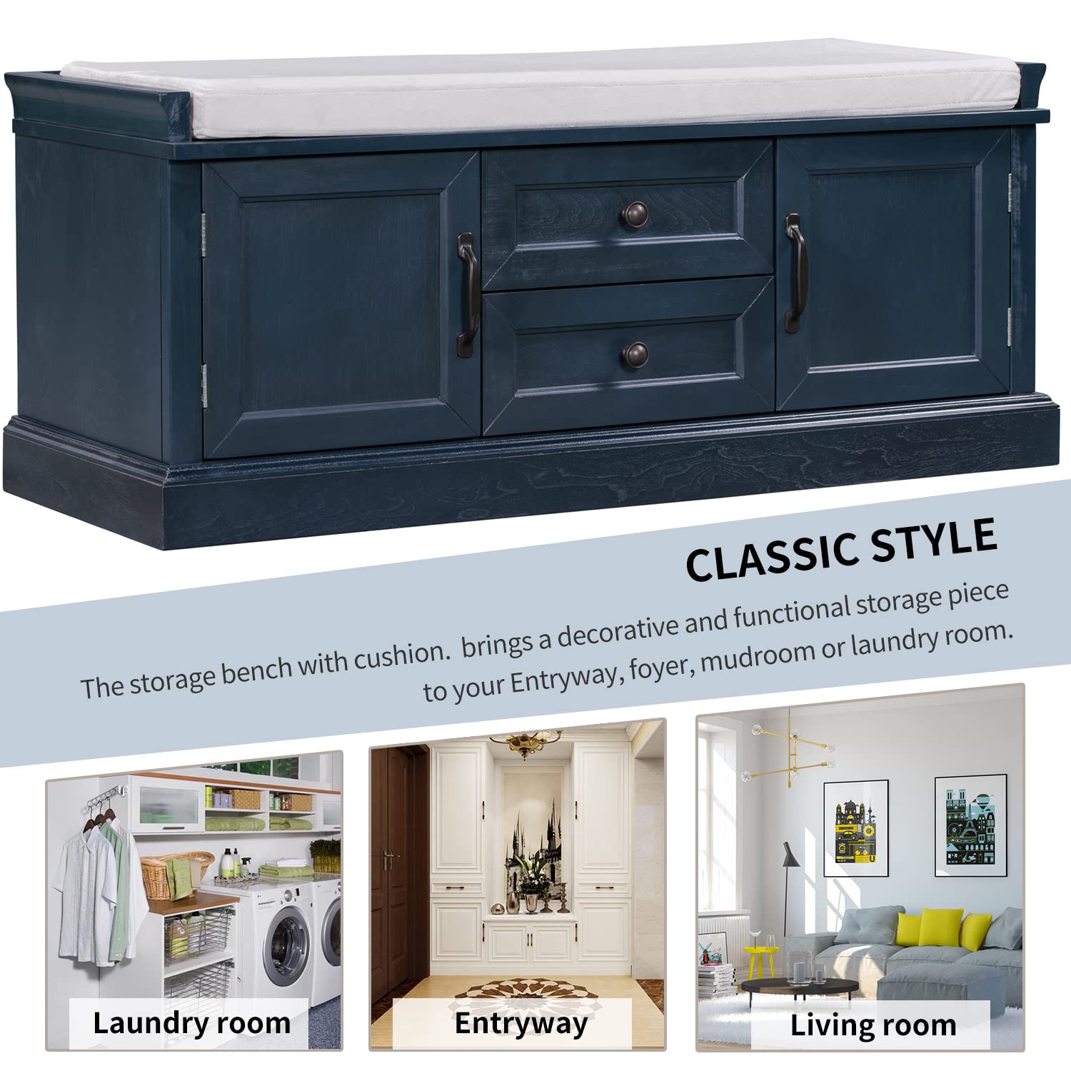 Merax Storage Bench with 2 Drawers & 2 Cabinets - Entryway Shoe Bench with Removable Cushion for Living Room, Hallway & Bedroom Organization