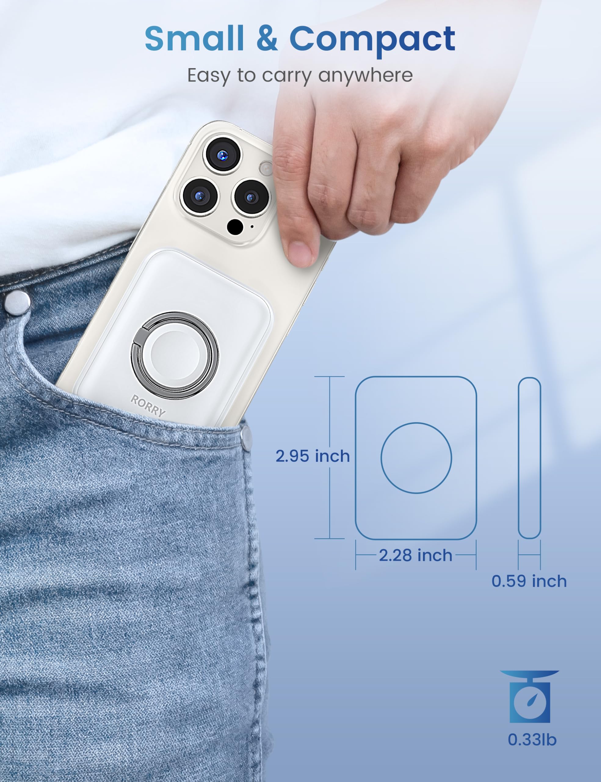 RORRY Magnetic Wireless Portable Charger 5000mAh - Magsafe Power Bank Compatible with iPhone & Apple Watch, Fast Charging Battery Pack with Finger Ring (White) - Perfect for Travel, Work & Outdoor Activities