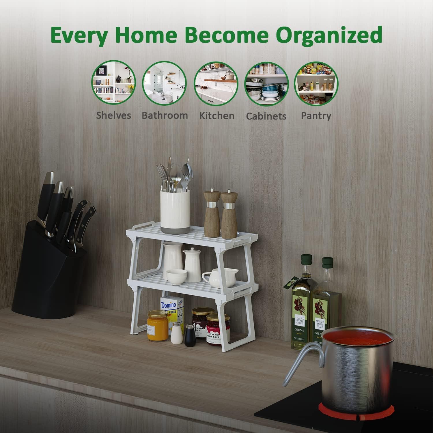 Ums Stackable White Plastic Kitchen Cabinet Shelf Organizers - 12 x 5.5 Inch Freezer & Refrigerator Storage Racks for Spices, Pantry - Space Saving Shelf Risers (Pack of 4) - Perfect for Organizing Small Items in Fridge, Cabinets or Closet Storage