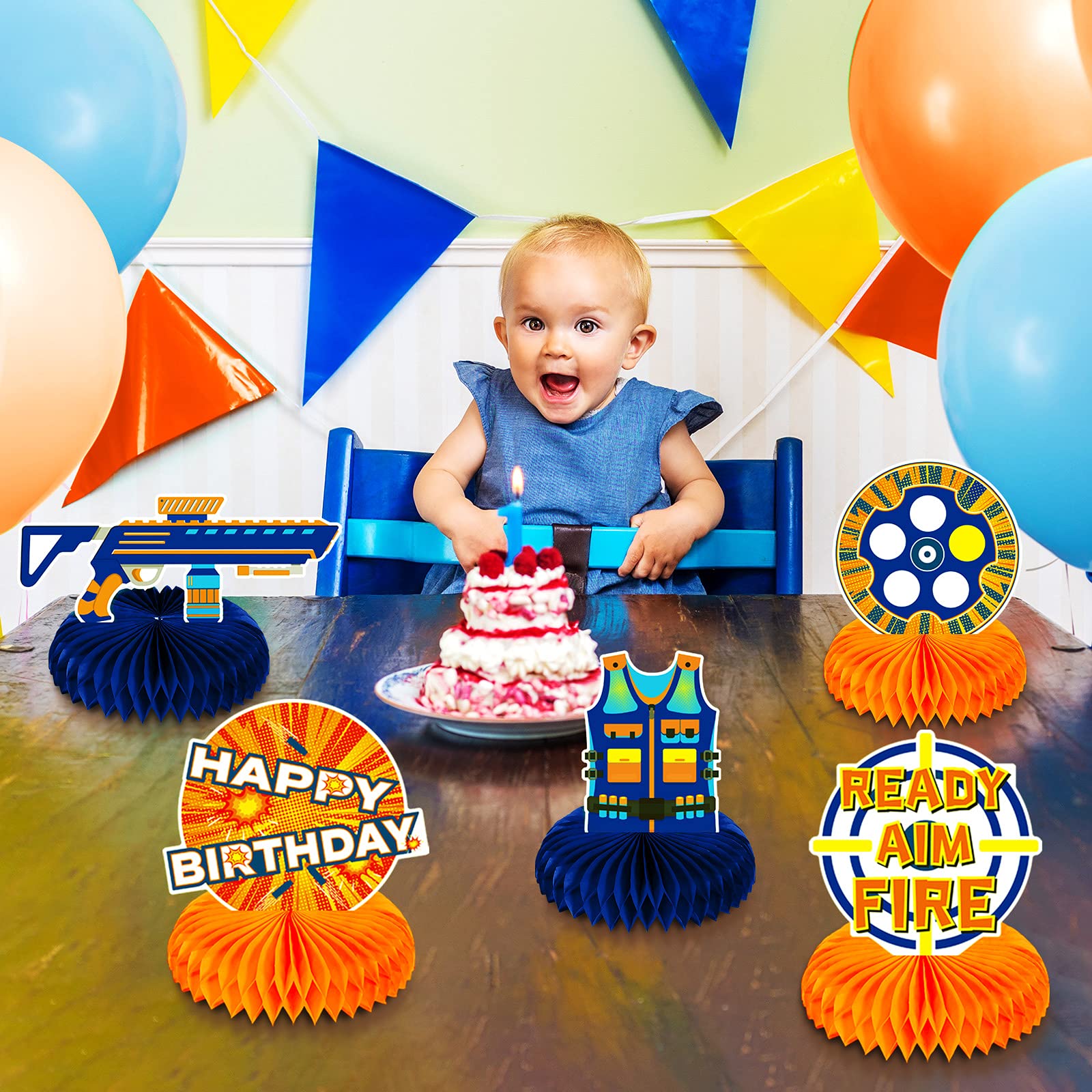Outus 9-Piece Dart Battle Party Decorations Kit - Honeycomb Centerpieces, Double-Sided Table Toppers for Blaster Battle Theme Birthday Parties - Perfect for Kids' Birthday, Nerf War, and Game Night Decorations