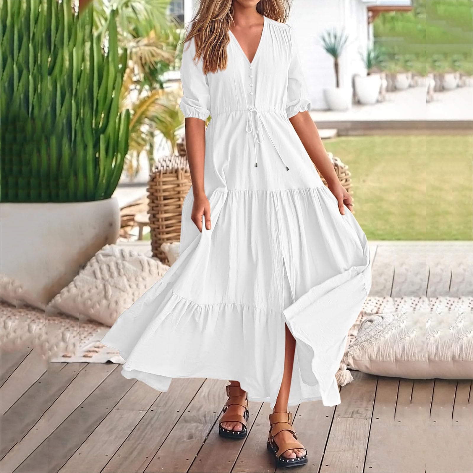 2024 Women's Tiered Maxi Dress - V Neck, Puff Sleeve, Belted Ruffle A-Line Flowy Sun Dress for Beach, Vacation & Summer Parties | Casual Boho Chic Dress for Outdoor Events, Date Night & Tropical Getaways