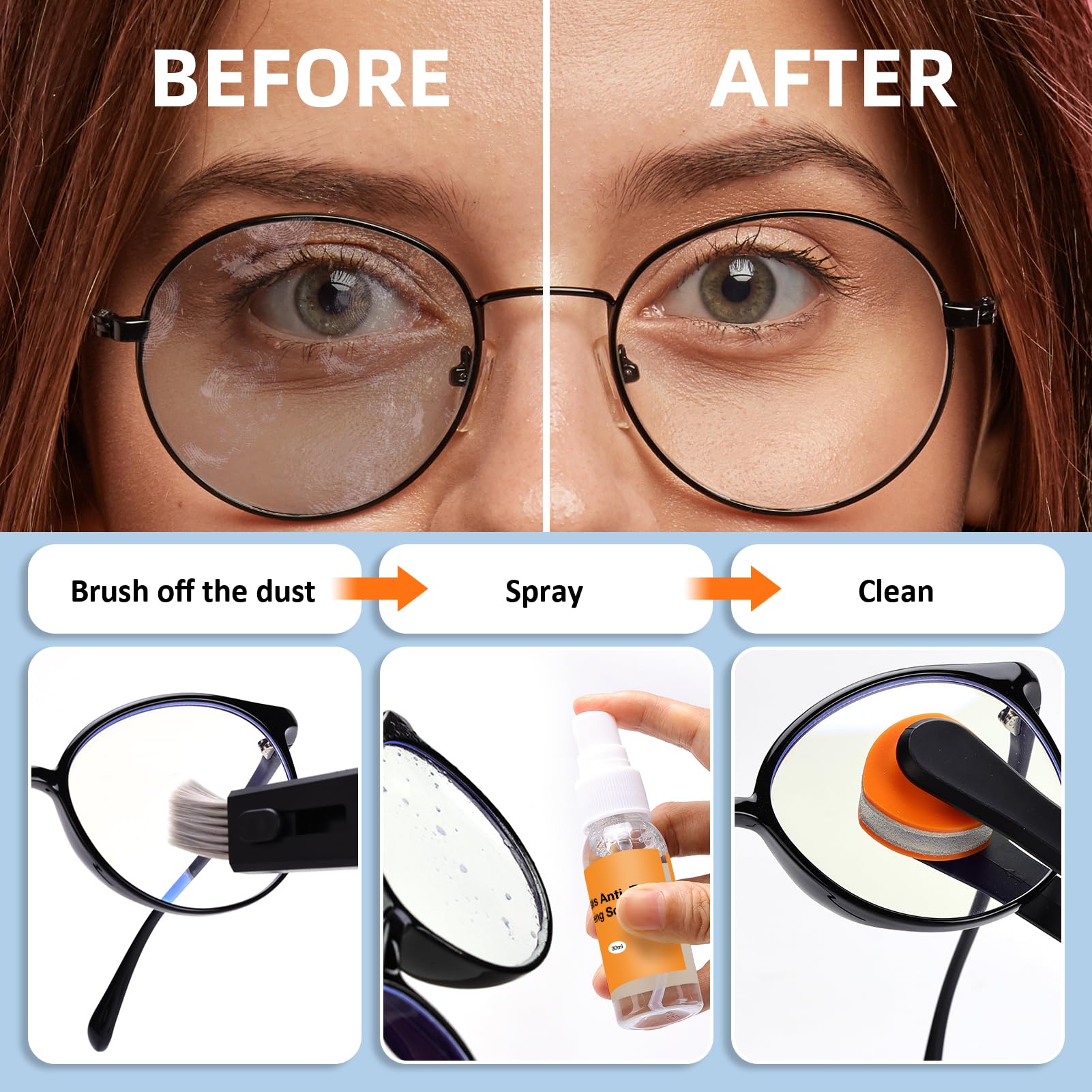 Premium Eyeglass Cleaner Kit - Anti-Fog Spray & Microfiber Cloth, Glasses Repair Tools with Screws - Portable Travel Case - Perfect for Office, Driving, Reading & Outdoor Activities