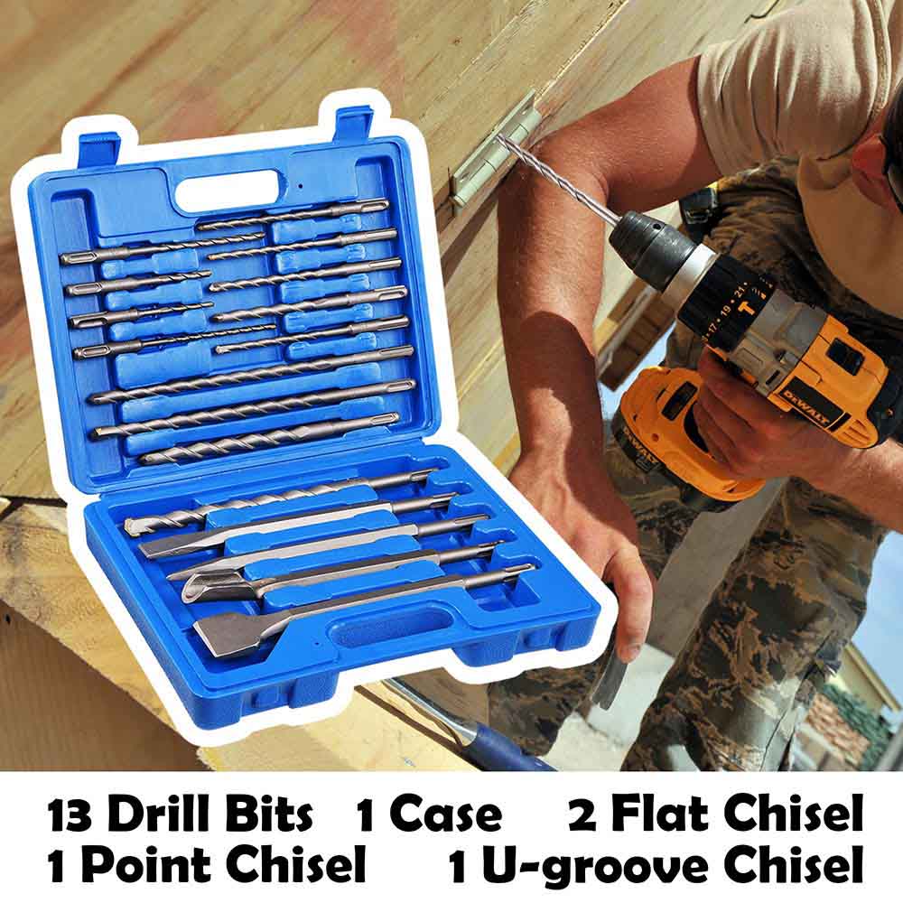 17-Piece SDS Plus Drill Bits and Chisels Set for Rotary Hammer - Masonry, Concrete, Brick Drilling - Perfect for Construction, Demolition & Home DIY Projects