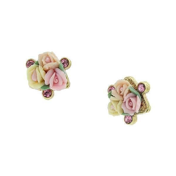 1928 Vintage Bridal Pink Crystal & Ivory Porcelain Rose Button Earrings – Perfect for Weddings, Prom, and Special Occasions
