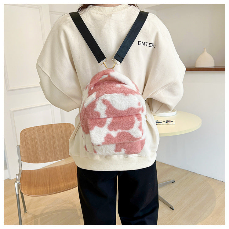 Adorable Cow Print Furry Backpack for Women - Small Cute Shoulder Bag for School, Travel & Daily Use