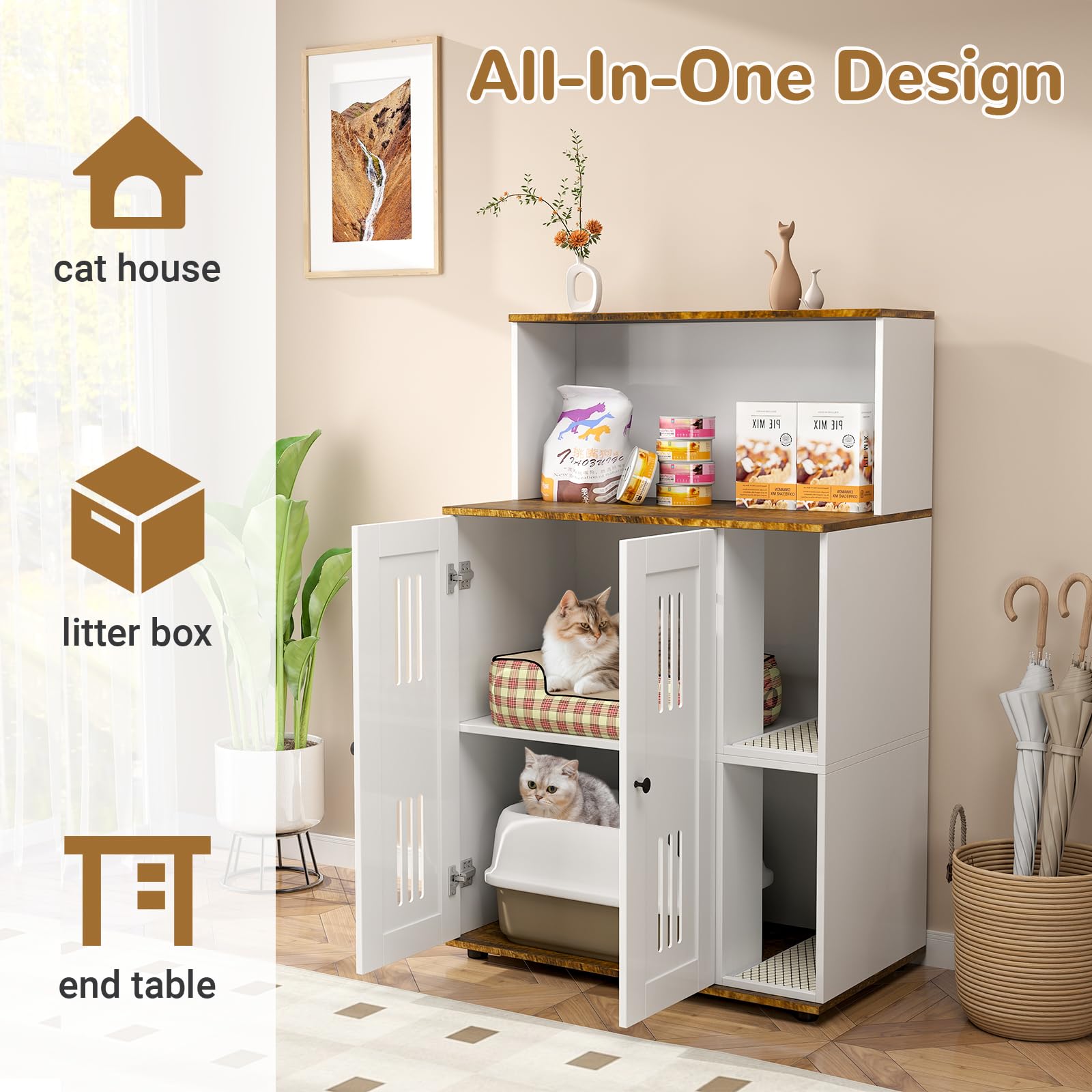 Double Cat Litter Box Enclosure Cabinet for 2 Cats - Hidden Litter Box Furniture with Storage Shelf & Scratch Mat - Fits Most Litter Boxes (White) - Perfect for Small Spaces & Multi-Cat Homes