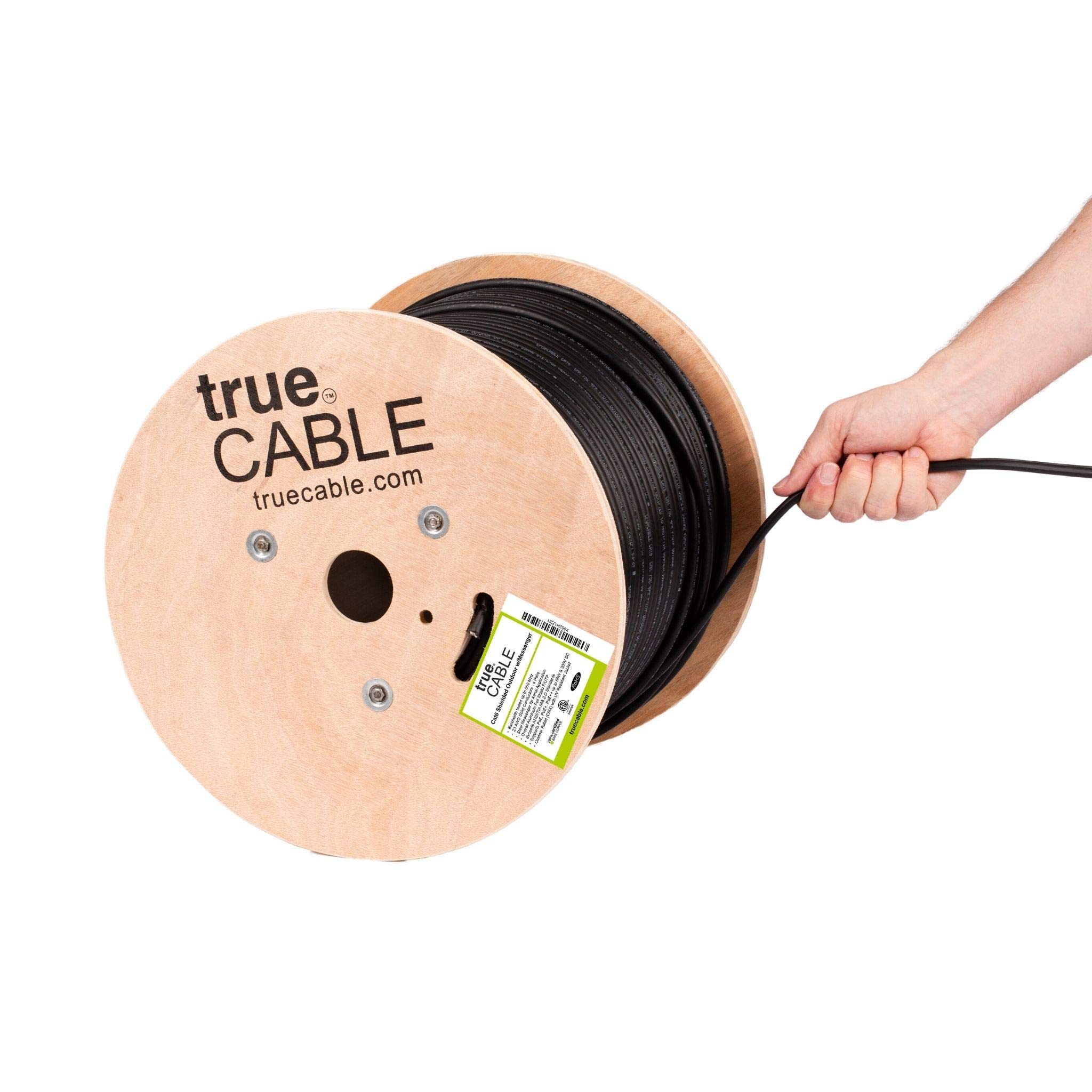 trueCABLE Cat6 Outdoor Shielded Ethernet Cable with Messenger - 500ft, UV Resistant, Aerial Rated, CMX, Black, 23AWG Solid Bare Copper, 550MHz, PoE++ (4PPoE) - Perfect for Outdoor Networking, Security Cameras, and Long-Distance Ethernet Installations