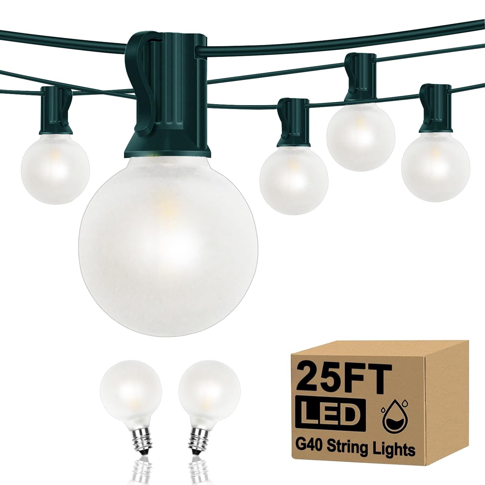 25FT G40 LED Frosted Outdoor String Lights - 27 Shatterproof Edison Bulbs (2 Spare) - Warm White Decorative Lighting for Bedroom, Bistro, Café, Wedding & Garden Party - Green Wire Weatherproof Patio Lights