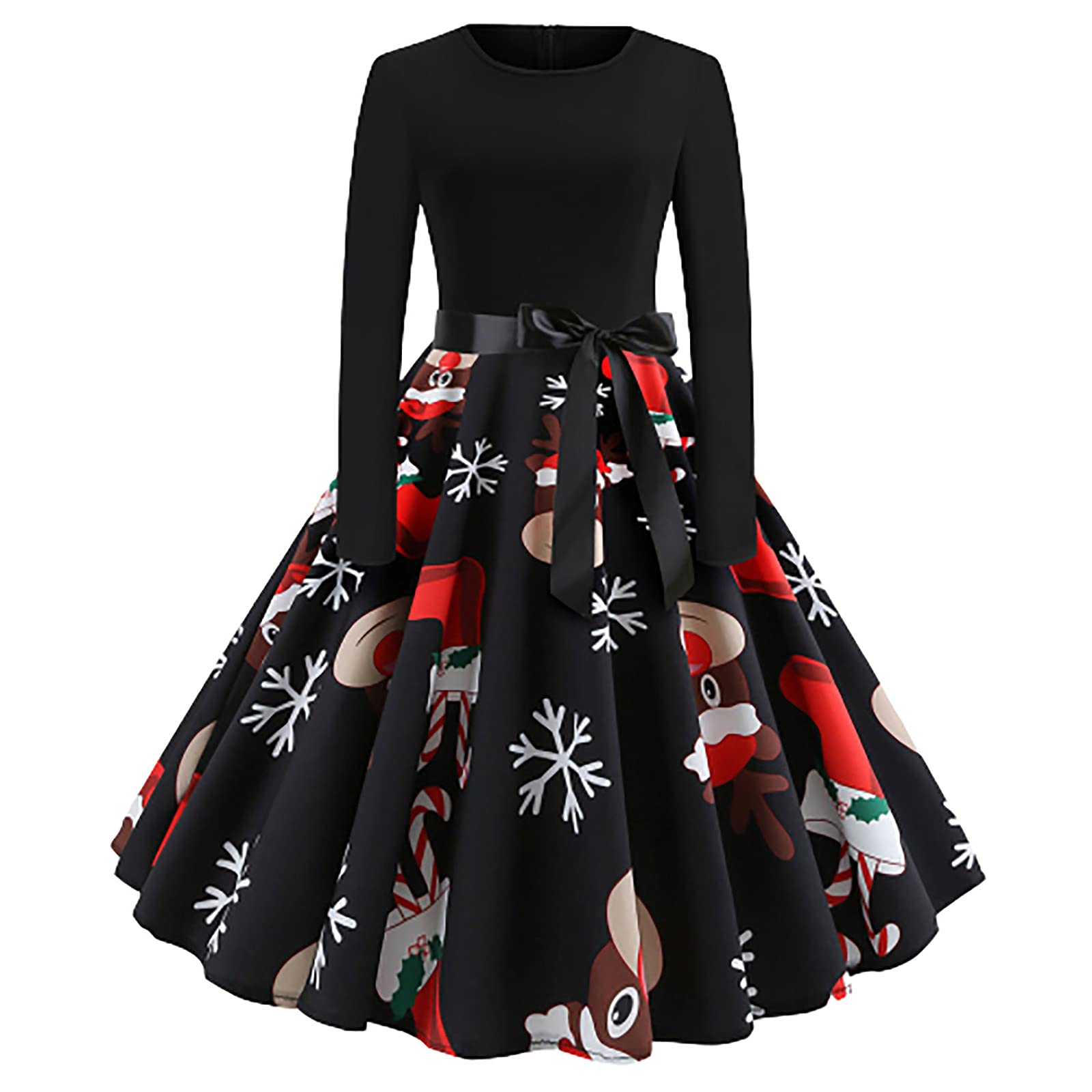 2022 Women's Christmas Dresses - Long Sleeve Rockabilly Swing Midi Dress with Holiday Print for Cocktail Parties | Perfect for Holiday Gatherings, Christmas Photos & Festive Celebrations