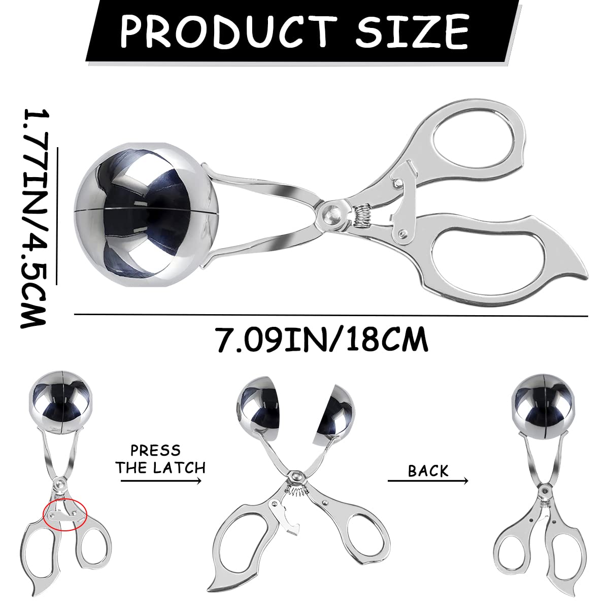 DOERDO Stainless Steel Meatball Maker Tool - 4.5CM Meat Baller for Perfect Meatballs, Ice Cream Scoop & Fruit Disher - Durable Kitchen Utensil for Cooking, Baking & Meal Prep