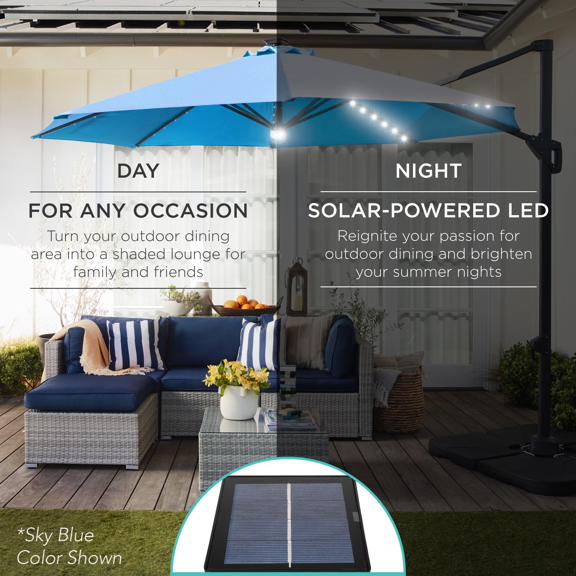 Best Choice Products 10ft Solar LED Cantilever Patio Umbrella - 360° Rotating Hanging Offset Outdoor Sun Shade with Lights for Backyard, Deck, Poolside - Easy Tilt & Cross Base - Perfect for Outdoor Dining, Lounging and Summer Entertaining