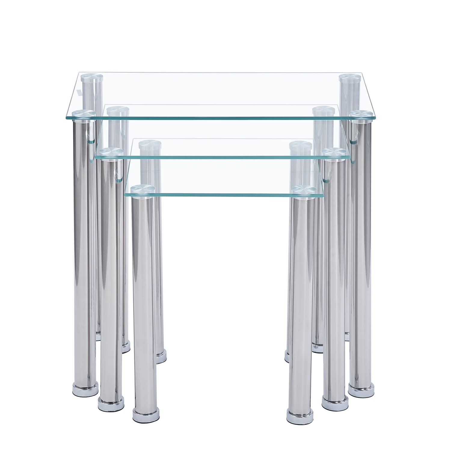 3-Piece Nesting Coffee Table Set - Modern Transparent Side Tables with Silver Metal Legs for Living Room, Sofa & Bedroom Decor - Space-Saving End Tables for Small Spaces