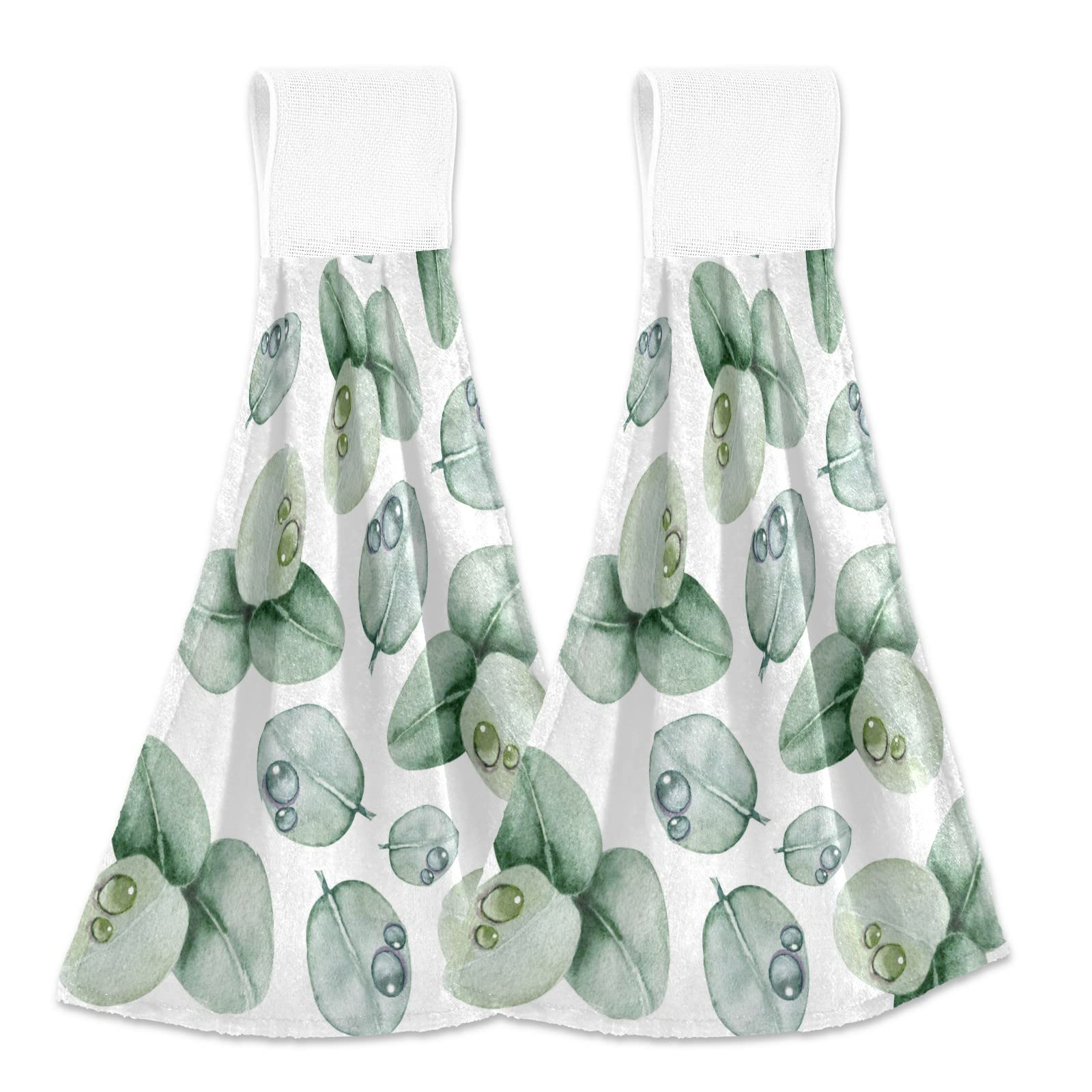 Vintage Green Leaves Watercolor Kitchen Hand Towels - 2 Pack Absorbent Cotton Hanging Towels with Loops for Bathroom & Kitchen Decor - Perfect for Farmhouse, Cottage Style Homes and Gift Giving