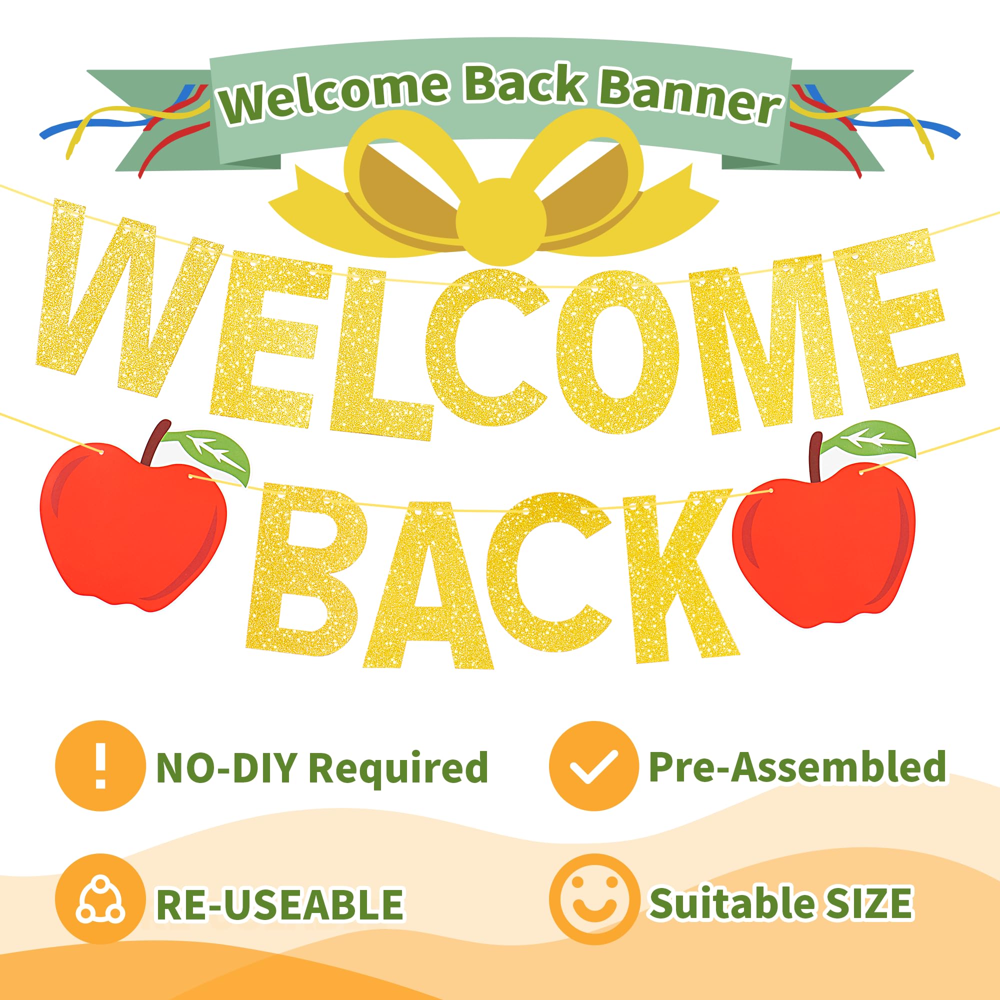 10 Feet Apple Glitter Welcome Back to School Banner - No DIY Classroom Decorations, First Day of School Backdrop, Home & School Party Decor for Teachers & Students