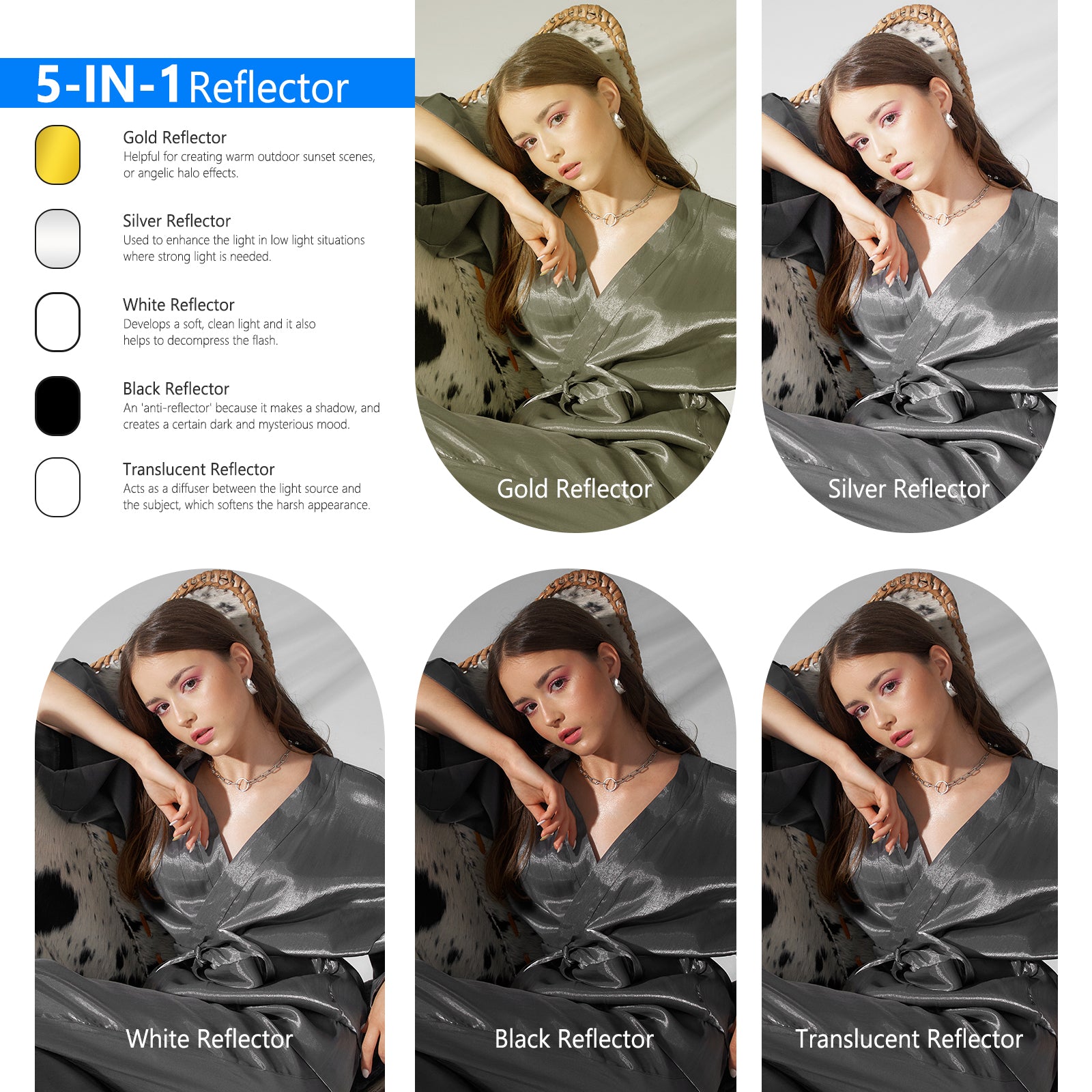 NEEWER 5-in-1 Portable Photography Lighting Reflector and Diffuser Kit for Studio, Outdoor, and Portrait Photography