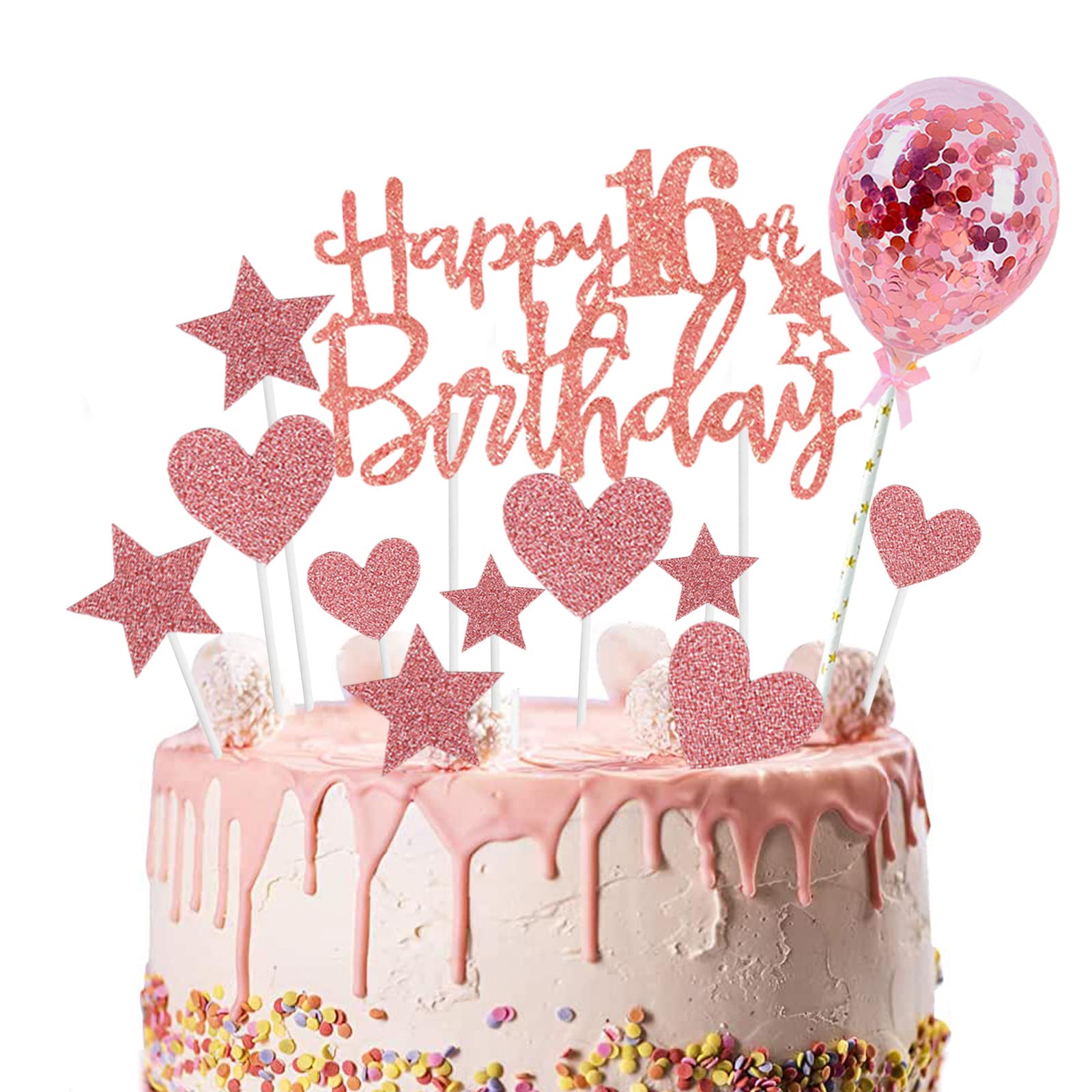 16th Birthday Cake Topper Set - Rose Gold Glitter Cake Decorations with Heart, Star & Balloon Toppers for Sweet 16 Party | Perfect for Girls' Birthday Cakes, Cupcakes & Dessert Tables