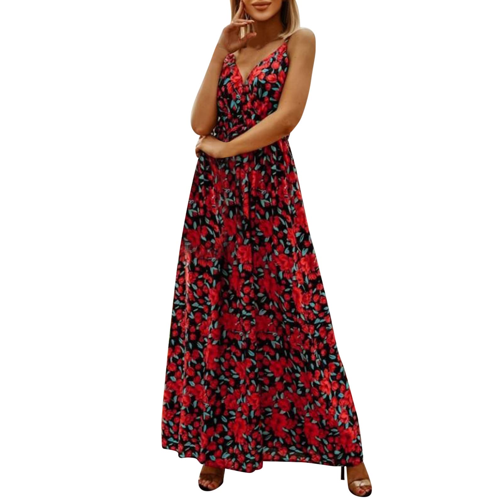 Women's Floral Boho Prom Dress - V-Neck Sleeveless Ruffle Flowy Babydoll Dress for Spring Summer Beach Party & Casual Occasions | Perfect for Prom, Vacation, Date Night and Outdoor Events