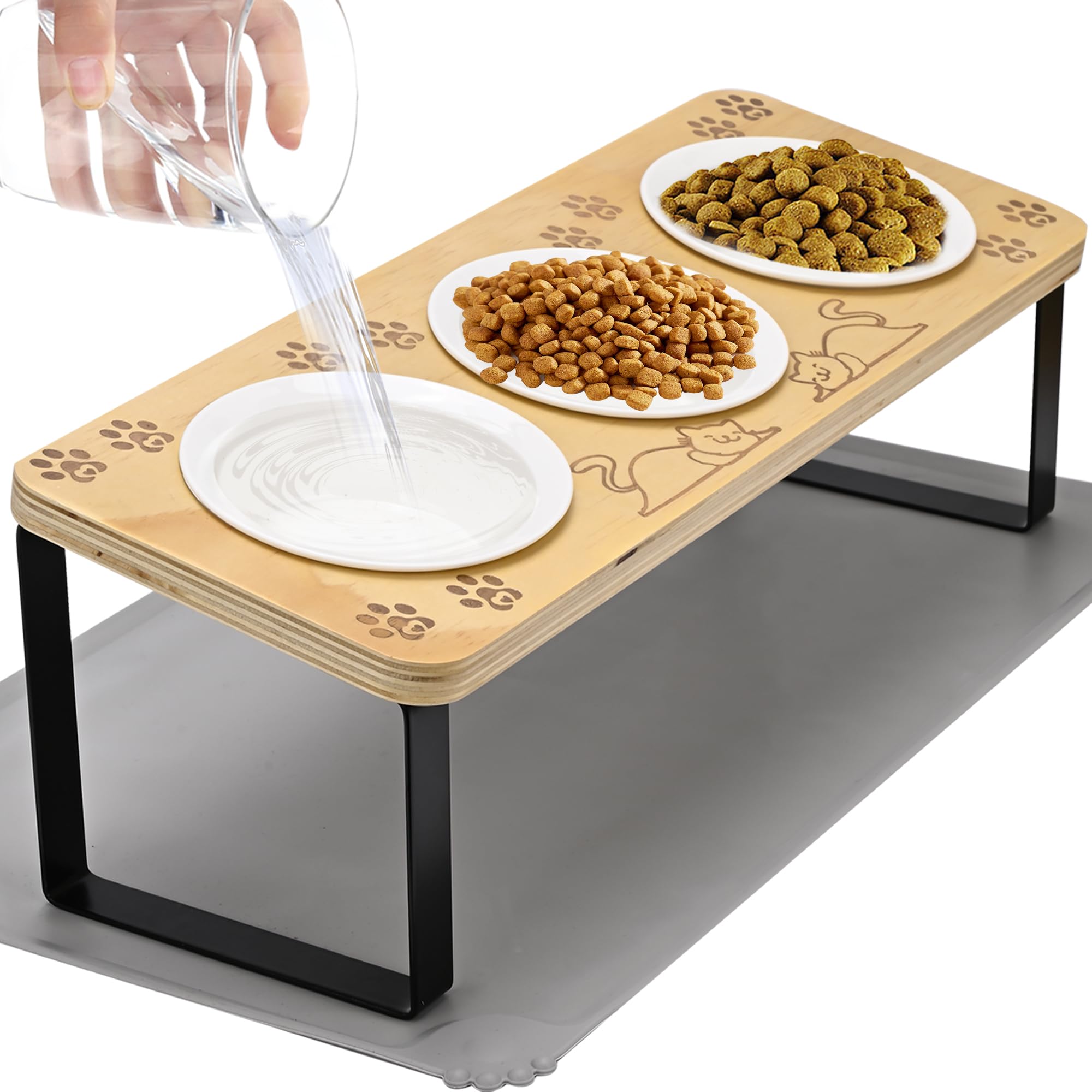 3 Ceramic Elevated Cat Bowls with 15° Tilt - Raised Pet Food & Water Bowl Set with Wooden Stand & Paw Print Design - Anti-Slip Mat Included for Indoor Cats & Small Dogs - Perfect for Healthy Digestion & Mess-Free Feeding