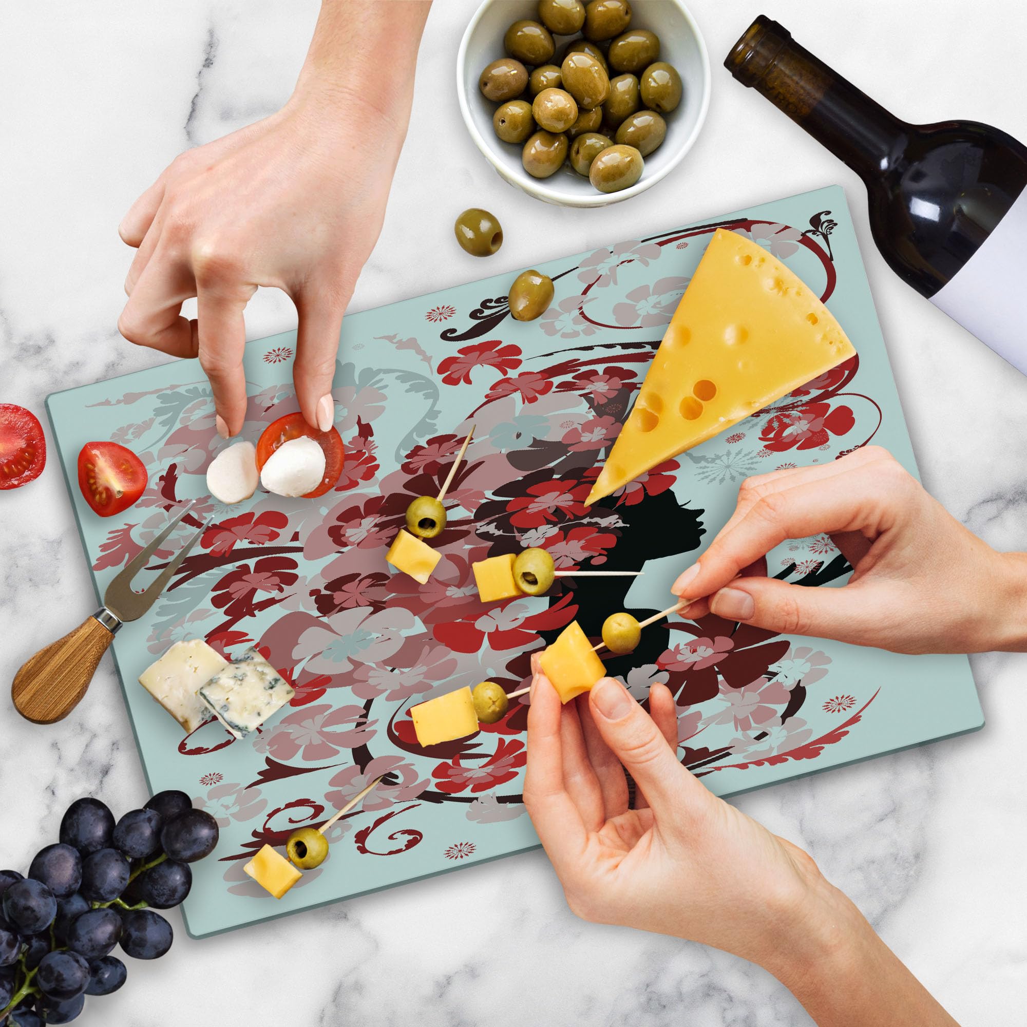 Ambesonne Feminine Cutting Board - Floral Pink Blossoms Design, Tempered Glass Serving Board for Kitchen, Large Size (Black, Pink, Red) - Perfect for Food Prep, Charcuterie Display & Home Decor