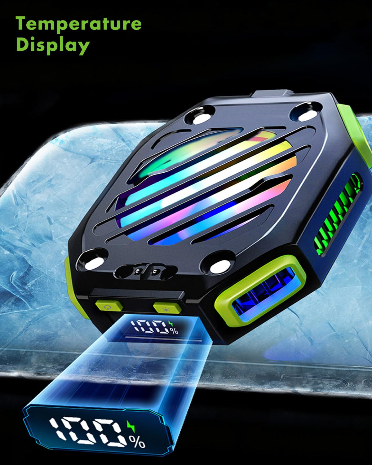 Magnetic Phone Cooler with Rechargeable Battery - RGB LED Semiconductor Cooling Fan & Temperature Display for iPhone Android - Perfect for Mobile Gaming, TikTok Live Streaming & Overheating Protection (Green)
