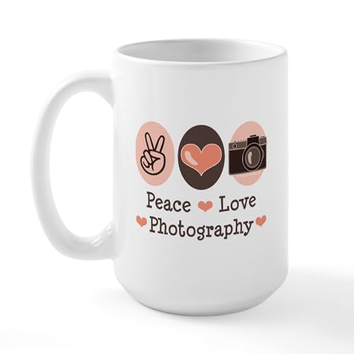 White - Peace Love Photography Camera Large Mug