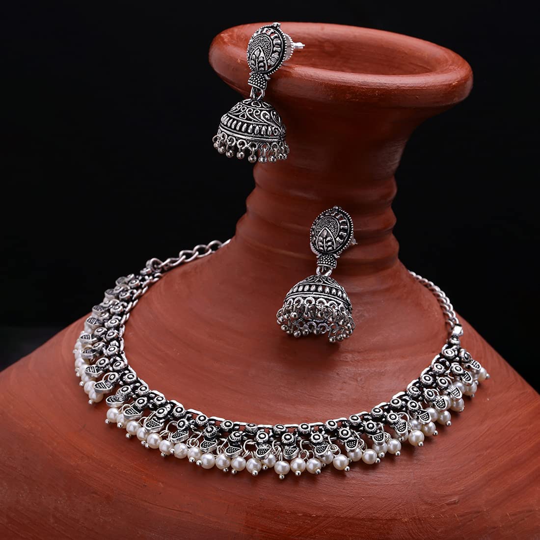 Oxidized Silver Afghan Tribal Jewelry Set - Yellow Chimes Necklace & Choker for Women, Traditional Handmade Birthday & Anniversary Gift for Her | Perfect for Ethnic Fashion, Boho Outfits & Special Occasions