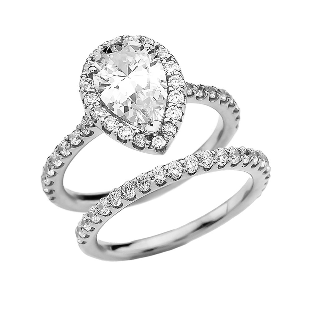 14K White Gold Pear CZ Solitaire Engagement & Wedding Ring Set - Elegant Bridal Jewelry for Proposals, Anniversaries & Special Occasions