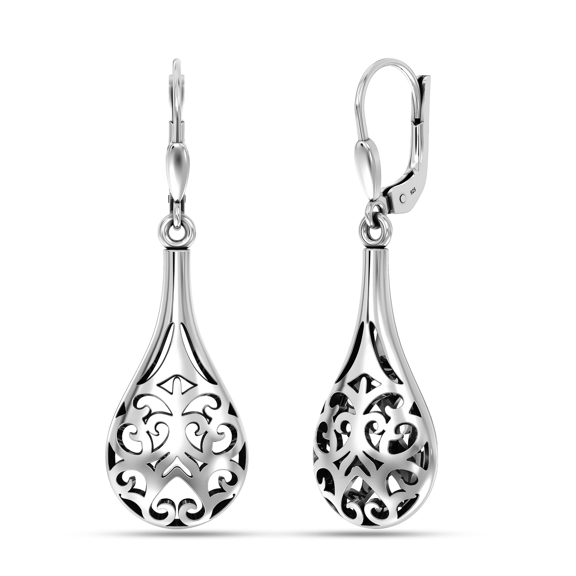 LeCalla 925 Sterling Silver Filigree Dangle Drop Leverback Earrings for Women | Hypoallergenic Tear Drop Earrings Jewelry | Perfect for Weddings, Parties & Special Occasions