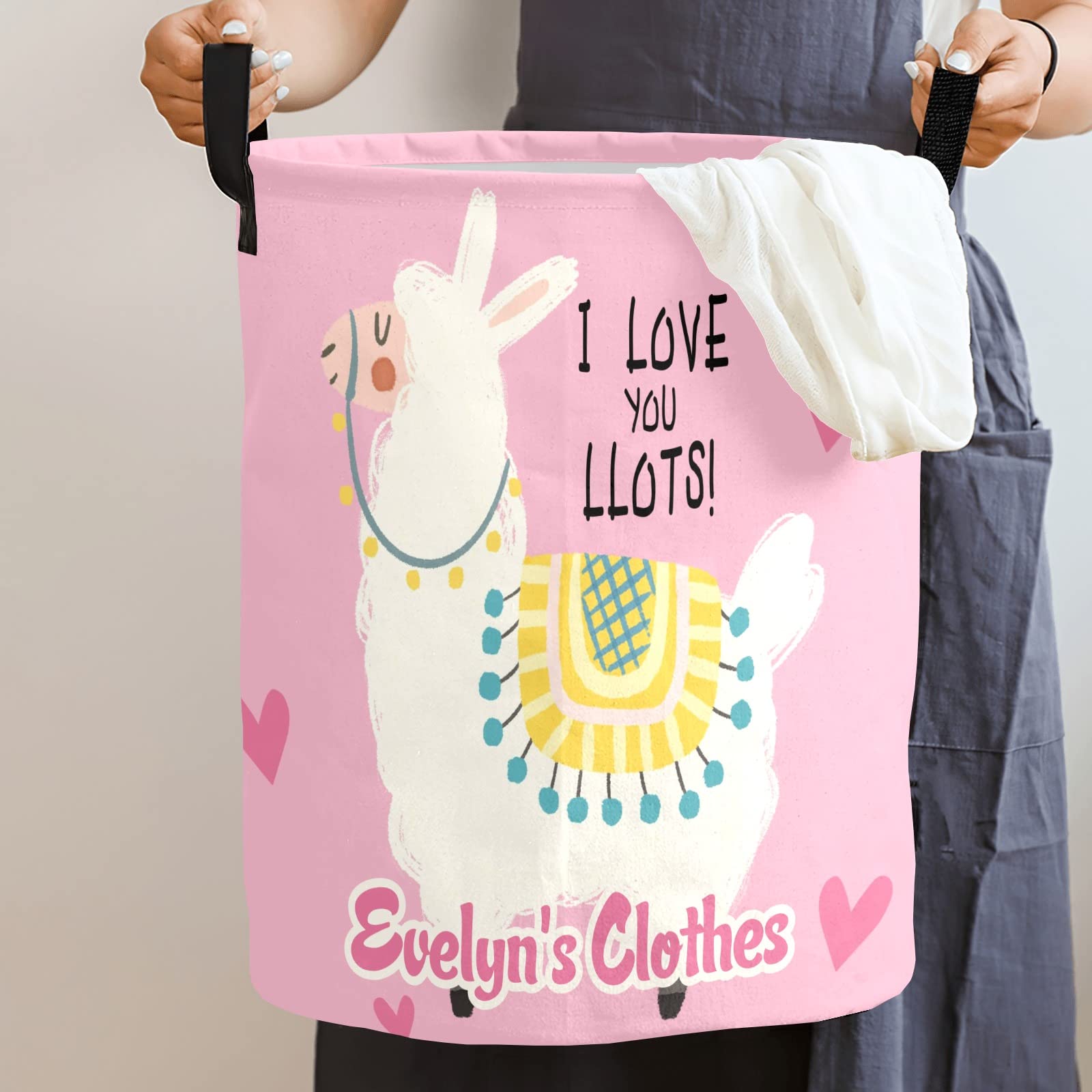 Personalized Pink Alpaca Laundry Basket with Handles - Waterproof & Collapsible Clothes Hamper (19.7