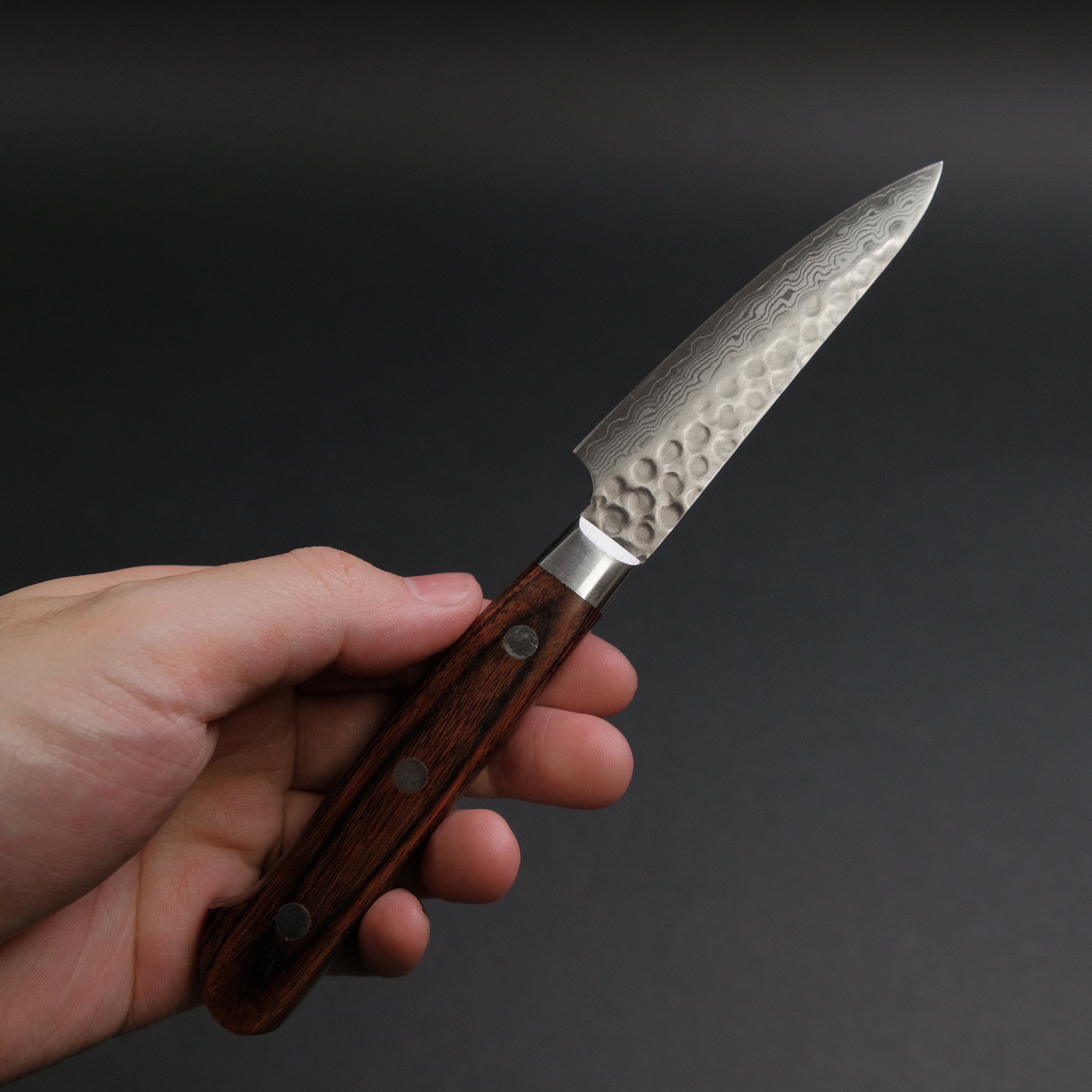 Hitohira HG Tsuchime Damascus 85mm Paring Knife - Imitation Mahogany Handle - Premium Japanese Kitchen Knife for Precise Peeling, Slicing & Garnishing