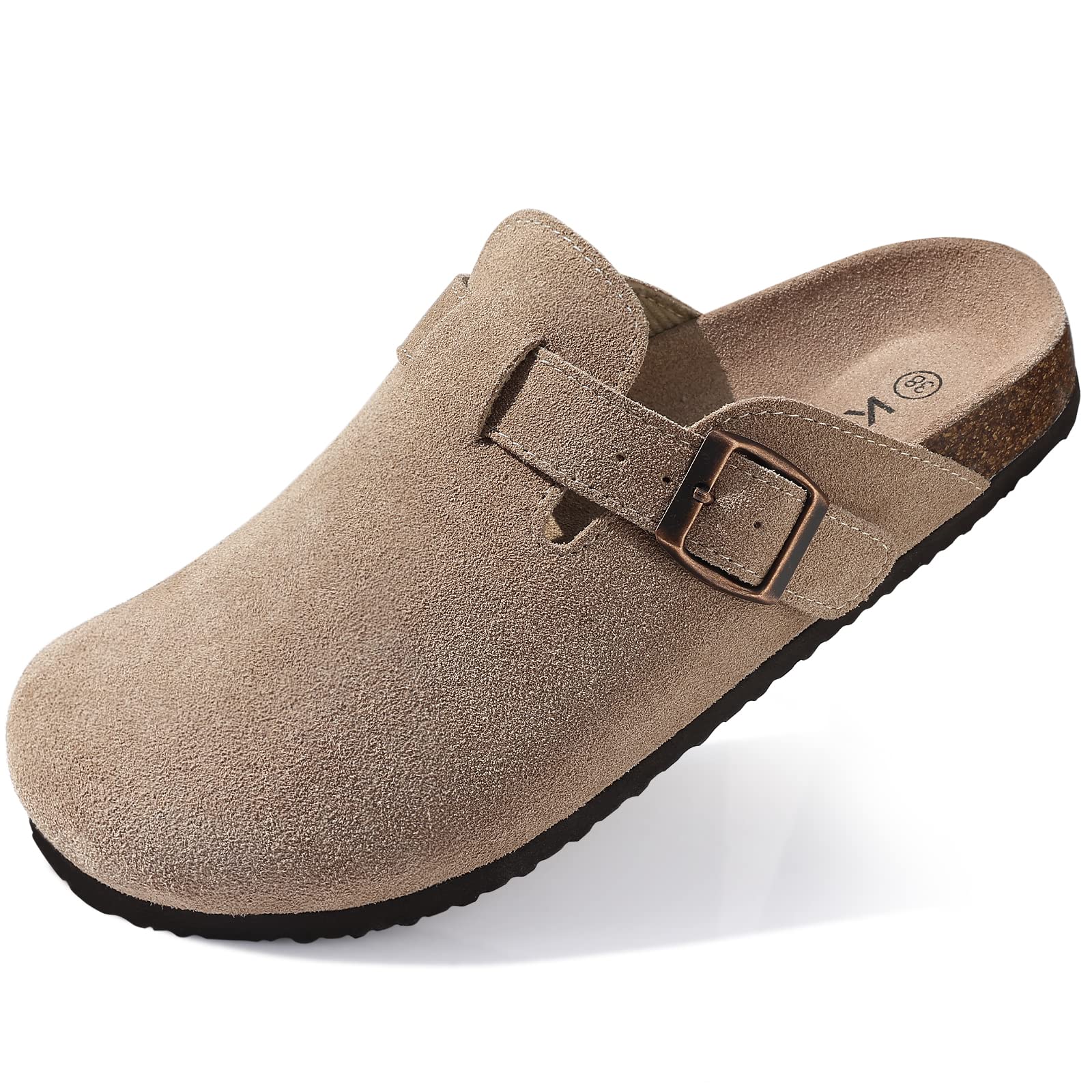 KIDMI Women's Suede Clogs - Leather Mules with Cork Footbed & Arch Support - Comfortable Slip-On Sandals for Casual Wear, Work & Home