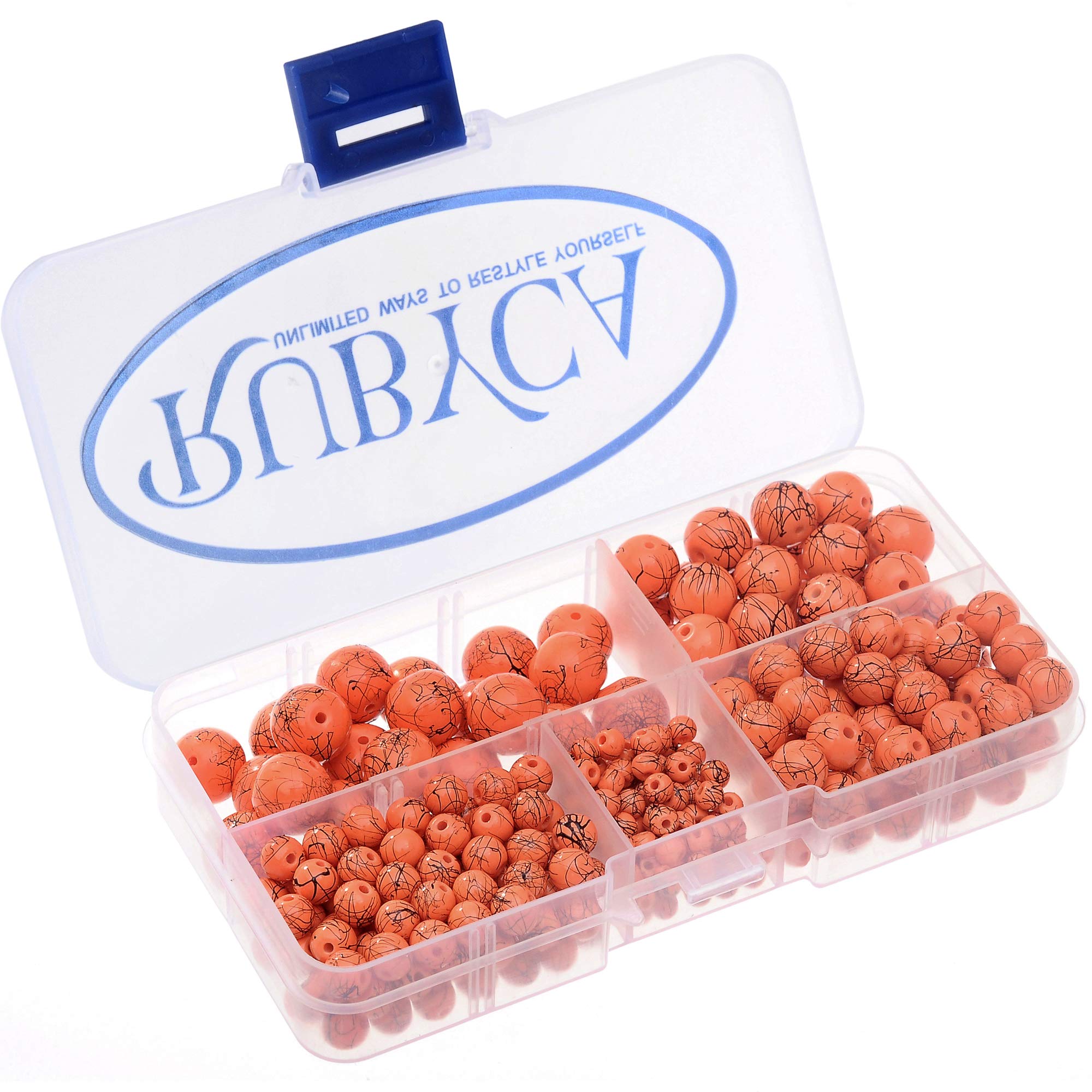 RUBYCA 300pcs Mixed Size Glass Beads for DIY Jewelry Making - Opaque Orange & Black Paint Splatter Design - Perfect for Bracelets, Necklaces, Earrings & Craft Projects