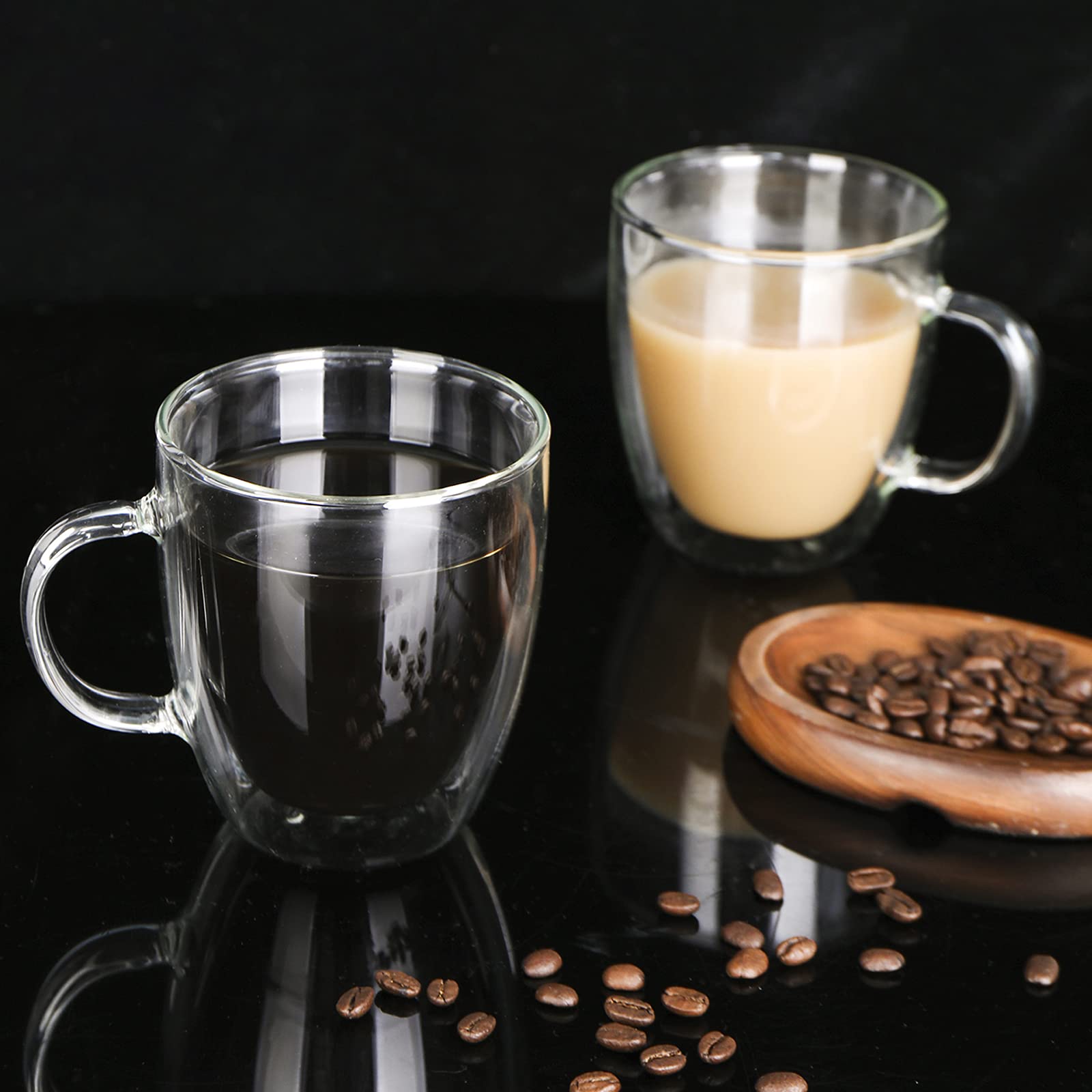 XJUNCUMU 12oz Double Wall Insulated Glass Coffee Mugs Set of 2 - Clear Espresso Cups with Handle for Hot/Cold Drinks - Perfect for Home, Office, Cafe Use - Ideal for Espresso, Cappuccino, Latte & Tea