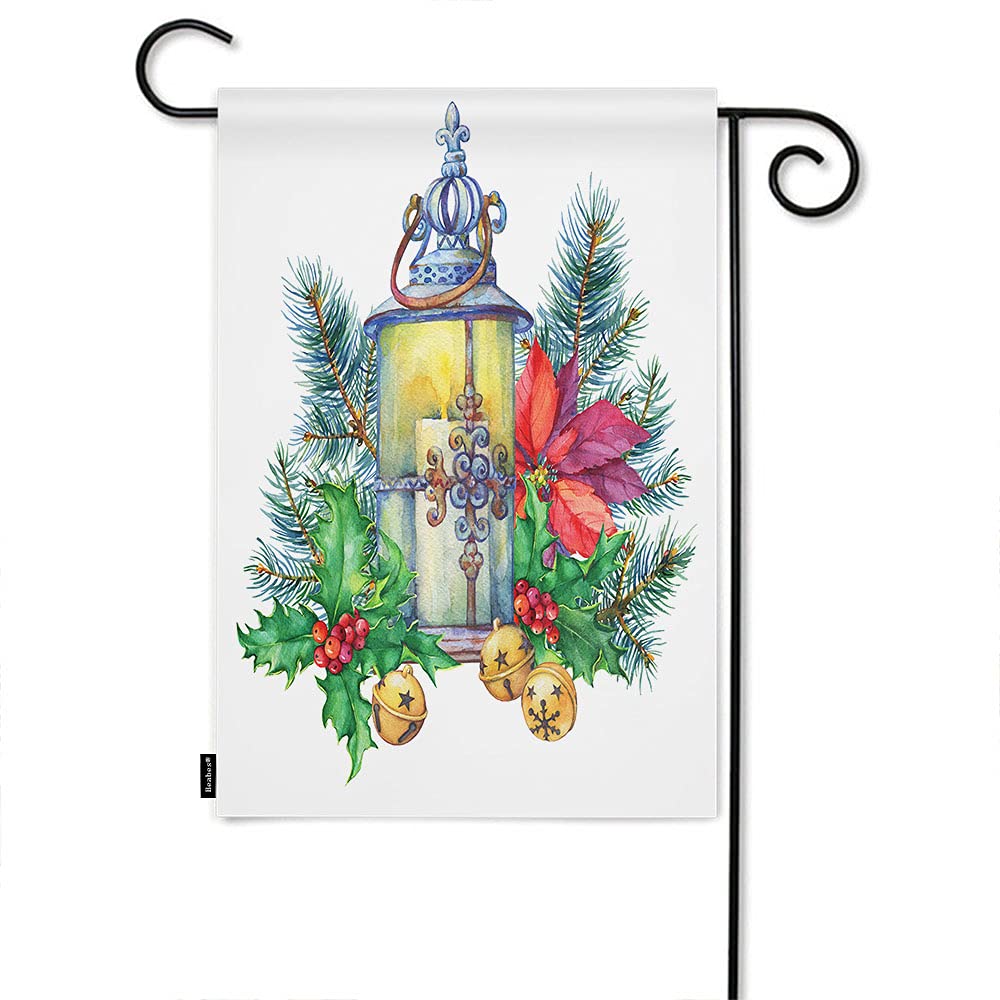 Double Sided Christmas Poinsettia Holly Lantern Garden Flag - 12x18 Inch Watercolor Winter Welcome Yard Banner for Patio, Lawn, Villa & Outdoor Decor | Perfect for Holiday Porch, Garden & Seasonal Home Decoration