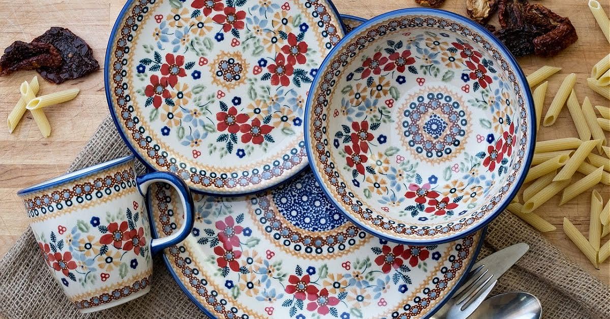 Handmade Blue Rose Polish Pottery Bowl with Red Daisy Design - Ceramic Cereal & Soup Bowl for Breakfast, Dessert, or Home Decor