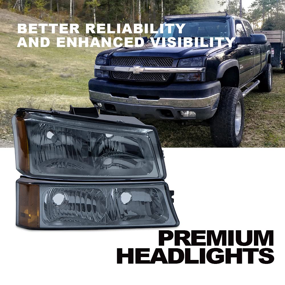 2003-2006 Chevy Silverado Headlight Assembly Replacement - Smoked Lens, Chrome Housing & Amber Reflector (4-Piece Set) | Perfect for Night Driving & Off-Road Adventures