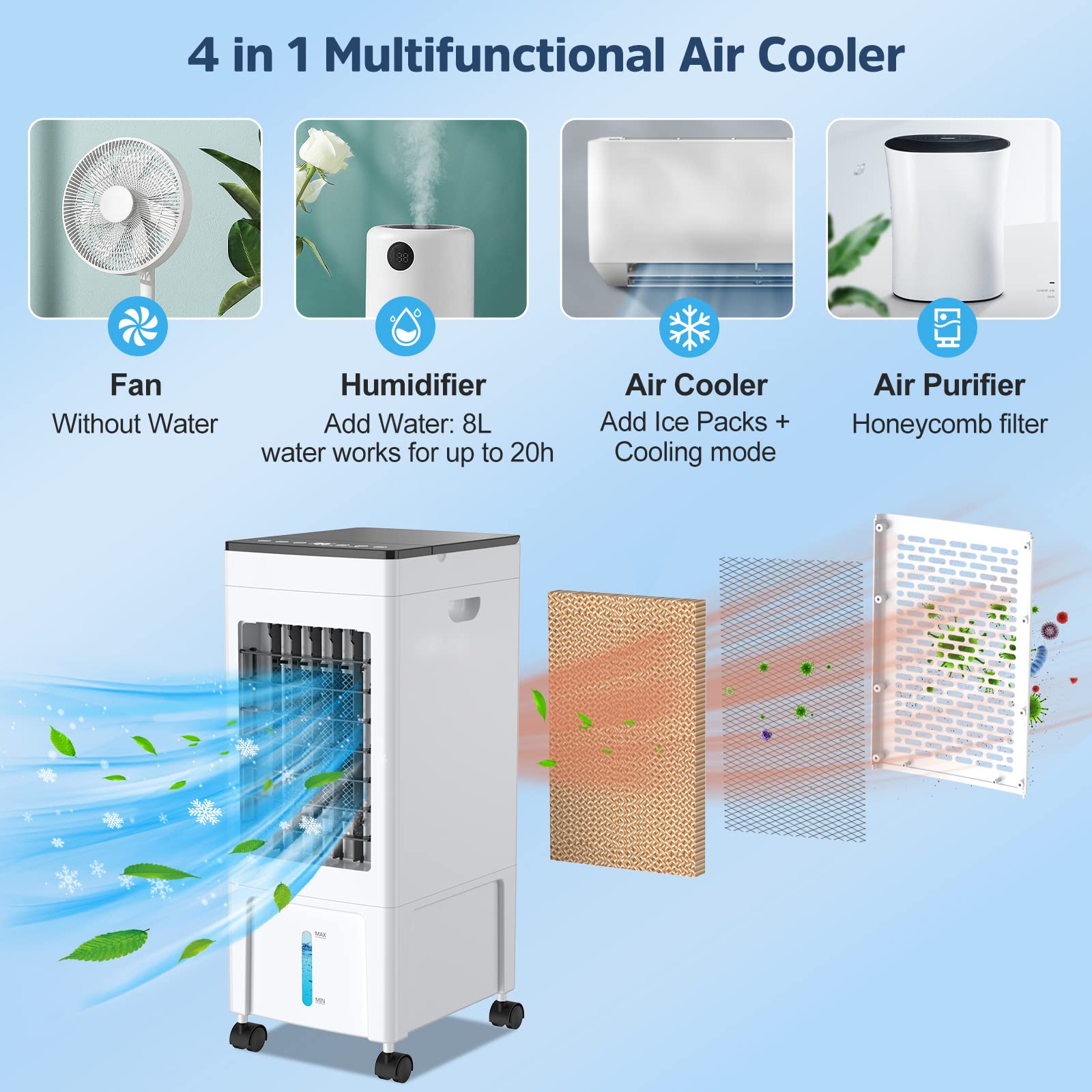 4-in-1 Portable Evaporative Air Cooler with 8L Water Tank - 60W Cooling Fan, Humidifier & Air Purifier - 3 Speed Modes, 1-8H Timer & Remote Control - Includes 4 Ice Boxes for Home, Office, Kitchen - Perfect for Summer Cooling & Indoor Air Circulation