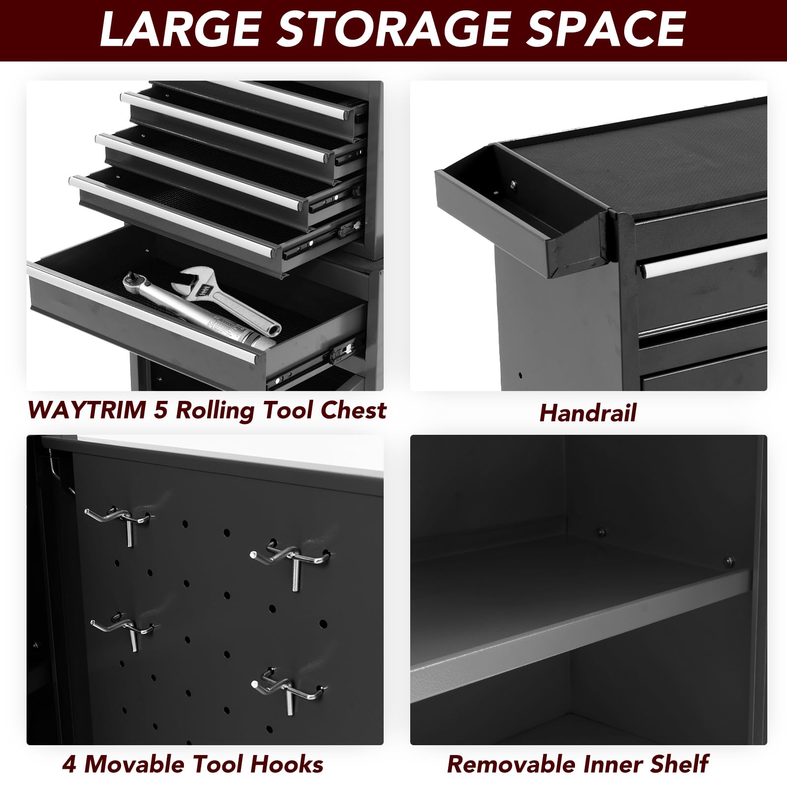 WAYTRIM 5-Drawer Rolling Tool Chest with Wheels & Lock - Heavy Duty Removable Tool Cabinet Storage Box, Adjustable Shelf, Portable Tool Organizer for Garage, Workshop, Warehouse & Auto Repair Shop (Black)