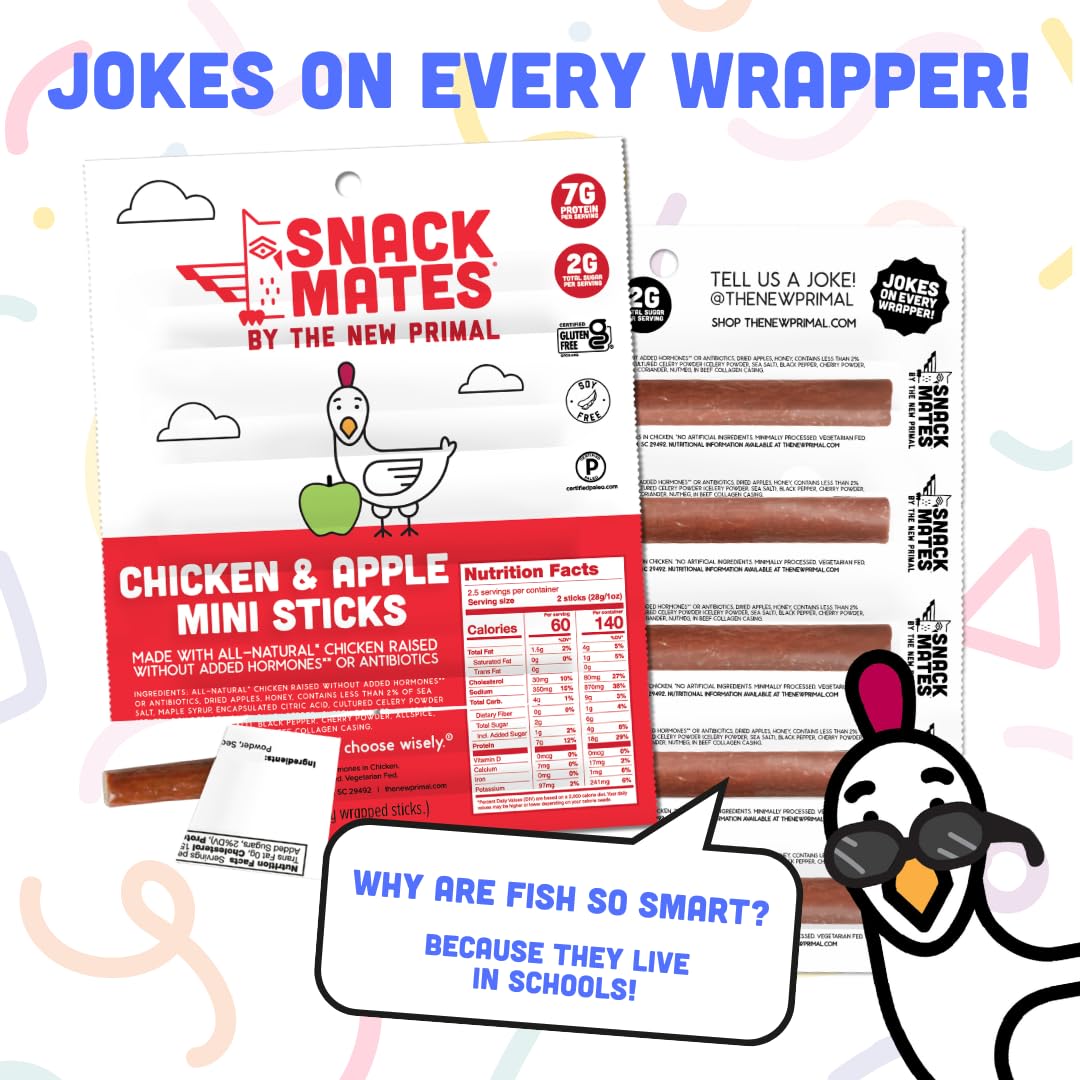 New Primal Snack Mates Chicken & Apple Sticks - Gluten Free, High Protein Healthy Snacks for Kids - 7g Protein, 60 Calories per Stick - Paleo, Keto Friendly Jerky - 40 Pack - Perfect for School Lunches, Hiking & On-the-Go Snacking