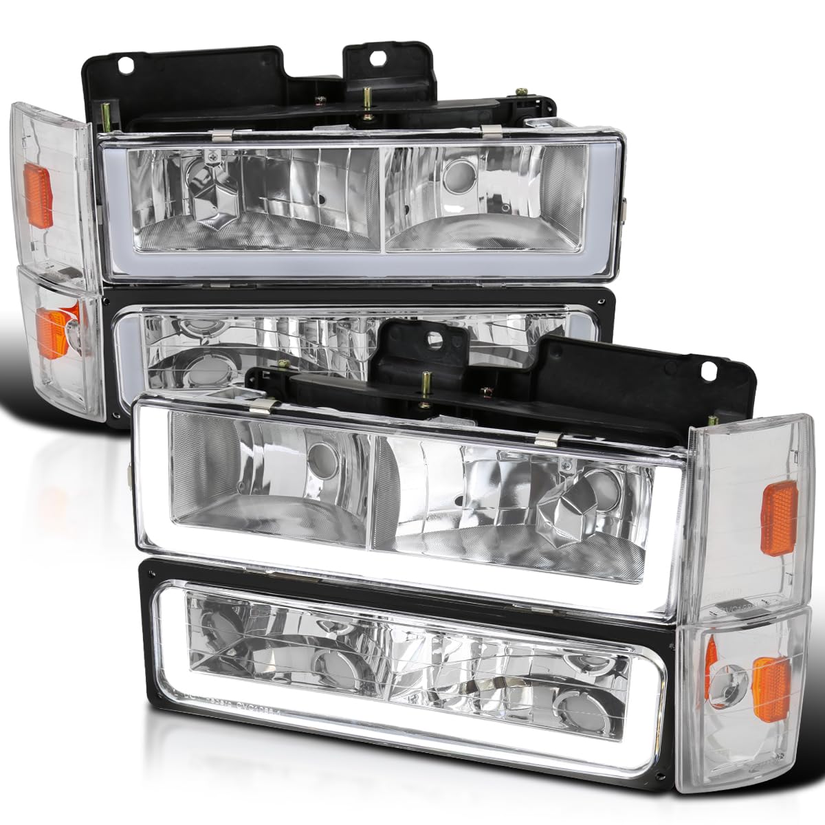 Spec-D Tuning Chrome LED Bar Headlights with Bumper & Corner Lights - Compatible with 1988-1993 GMC C10 C/K Suburban (Left & Right Pair Headlamp Assembly) - Upgrade Your Truck Lighting for Night Driving & Off-Road Adventures
