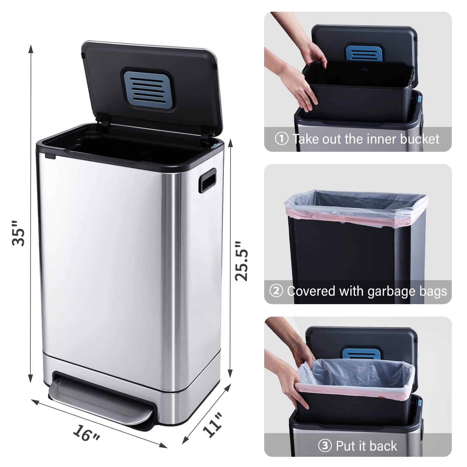 ELPHECO 13.2 Gallon Stainless Steel Trash Can with Soft Close Lid - 50L Pedal Garbage Bin, Removable Inner Bucket - Durable for Kitchen, Office & Outdoor Use - Perfect for Waste Disposal & Home Organization