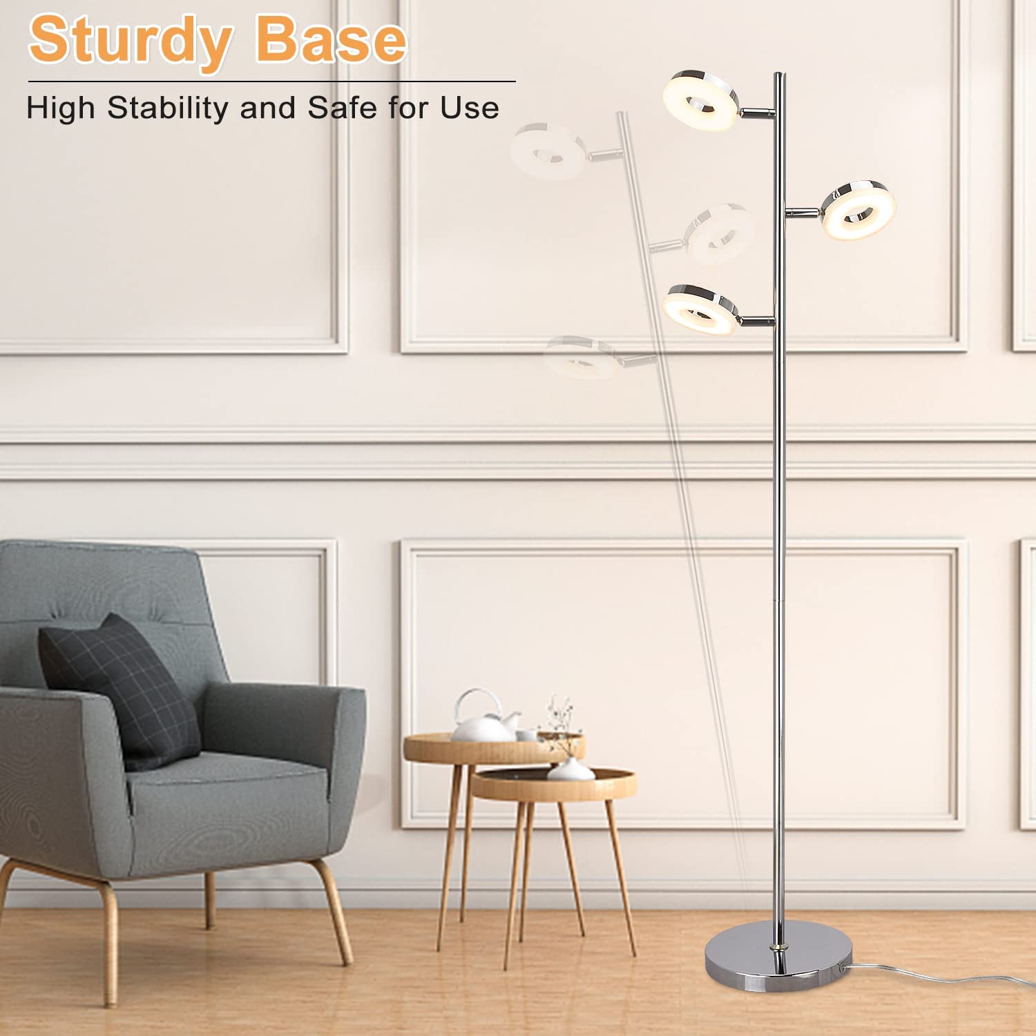 DLLT Modern LED Floor Lamp with Eye-Care Technology - Adjustable Rotatable Standing Light with Stable Chrome Base for Living Room, Bedroom, Office - Perfect for Reading, Working & Relaxing (Bulb Included)