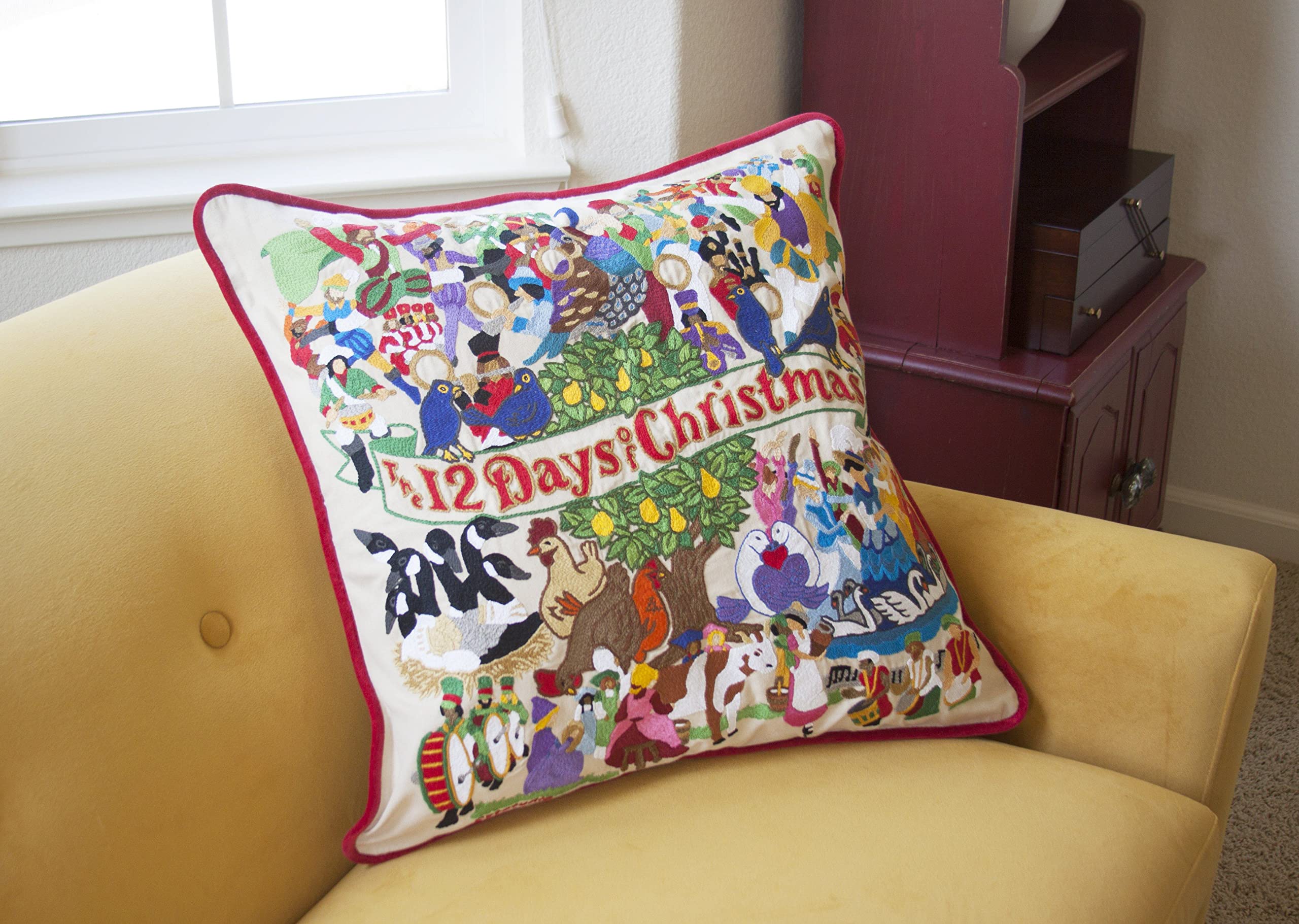 Catstudio 12 Days of Christmas Embroidered Throw Pillow - Holiday Home Decor with Original Artwork | Perfect for Christmas Tree Skirt, Fireplace Mantel & Cozy Living Room Decorations