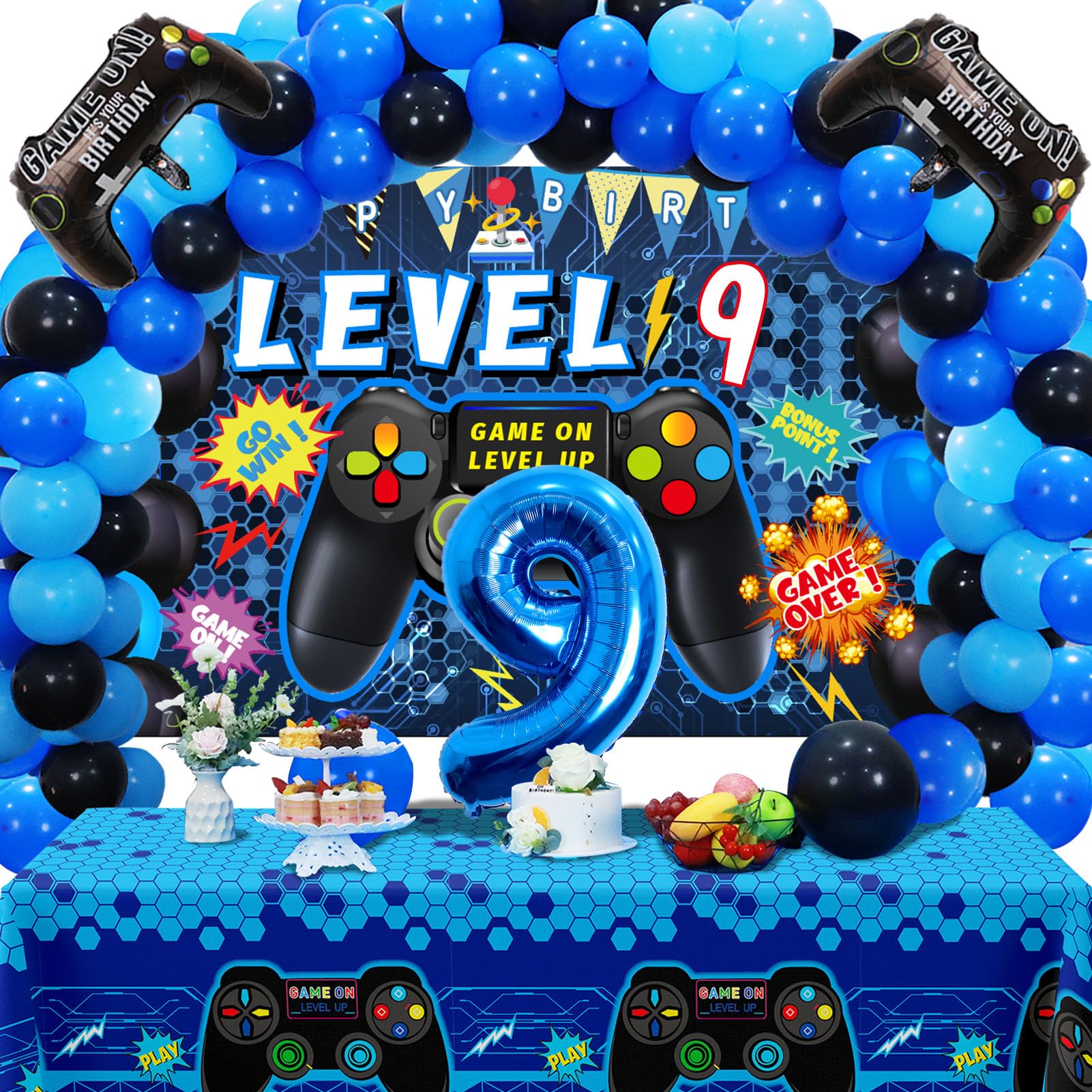 Vlipoeasn 90PCS Blue Video Game Party Decorations Set for Boys - 9th Birthday Party Supplies with Backdrop, Balloons & Tablecloth - Perfect for Gamer Themed Birthday Parties, Gaming Events & Kids Celebrations