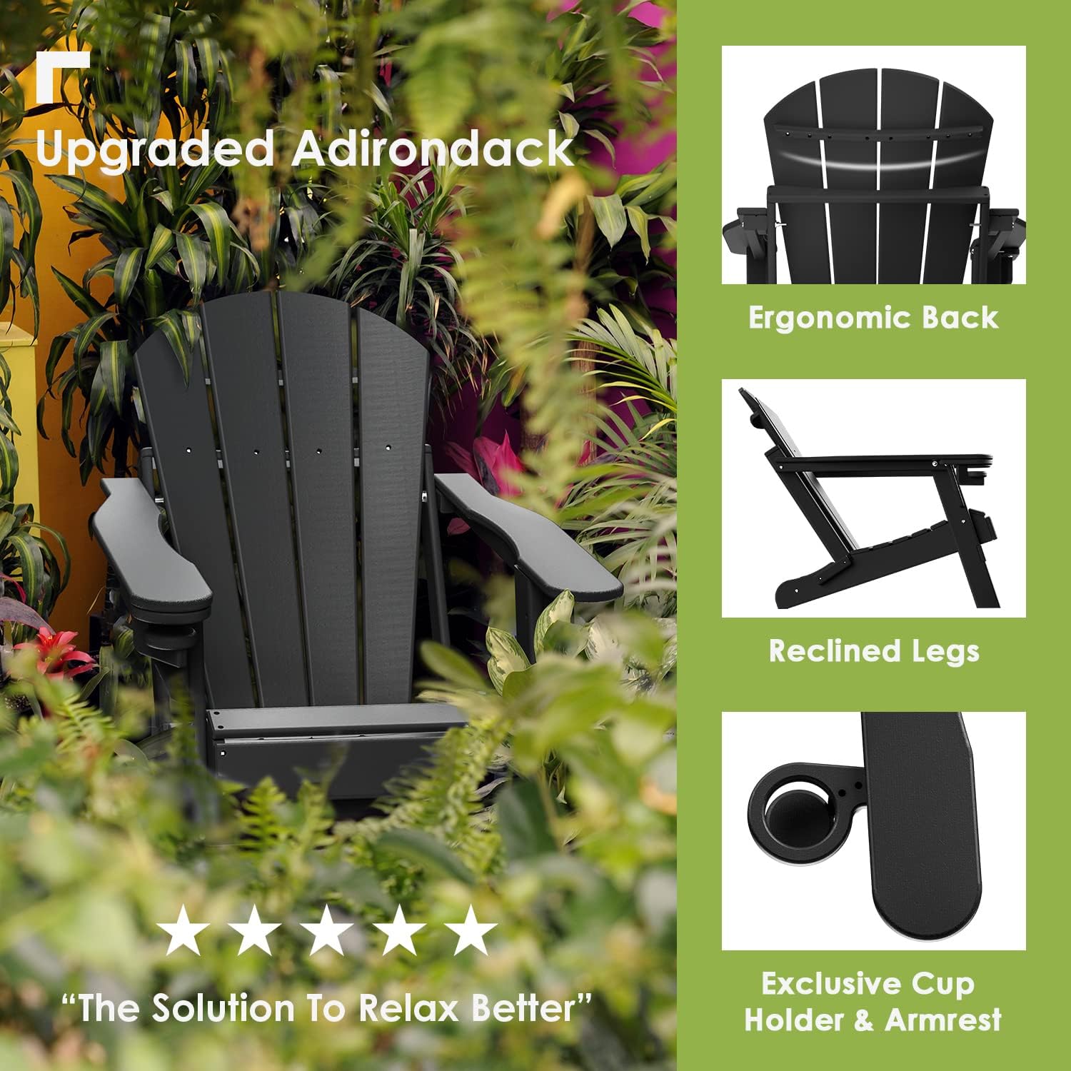 4-Pack Folding Adirondack Chairs with Cup Holders - Heavy Duty HDPE Plastic All-Weather Outdoor Furniture - Perfect for Backyard, Patio, Deck, Garden & Fire Pit Gatherings