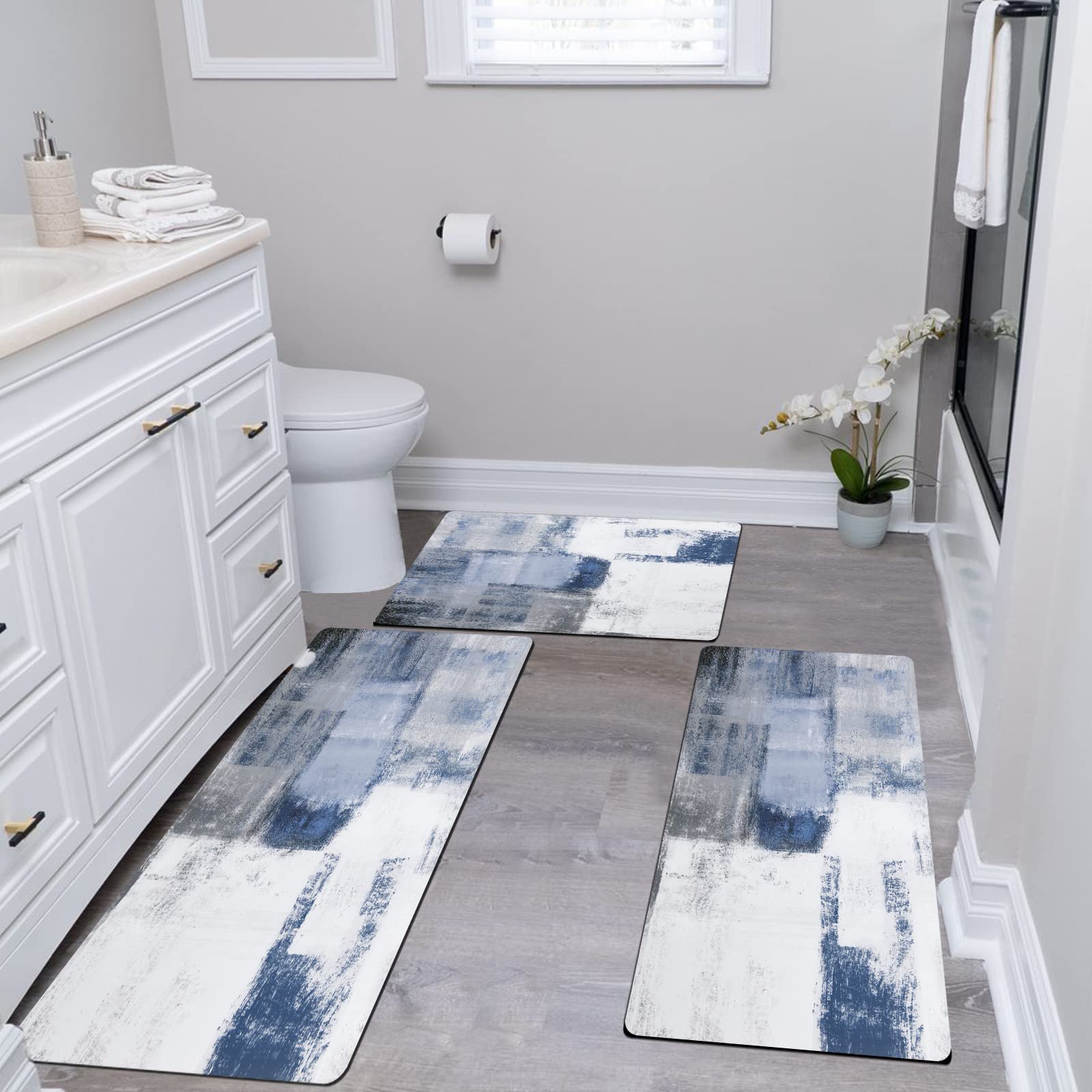 Premium 3-Piece Non-Slip Farmhouse Kitchen Rug Set - Washable, Cushioned & Waterproof Floor Mats with Runner - Perfect for Hallway, Kitchen & Laundry Room - Blue Home Decor (Great for High-Traffic Areas & Spill Protection)