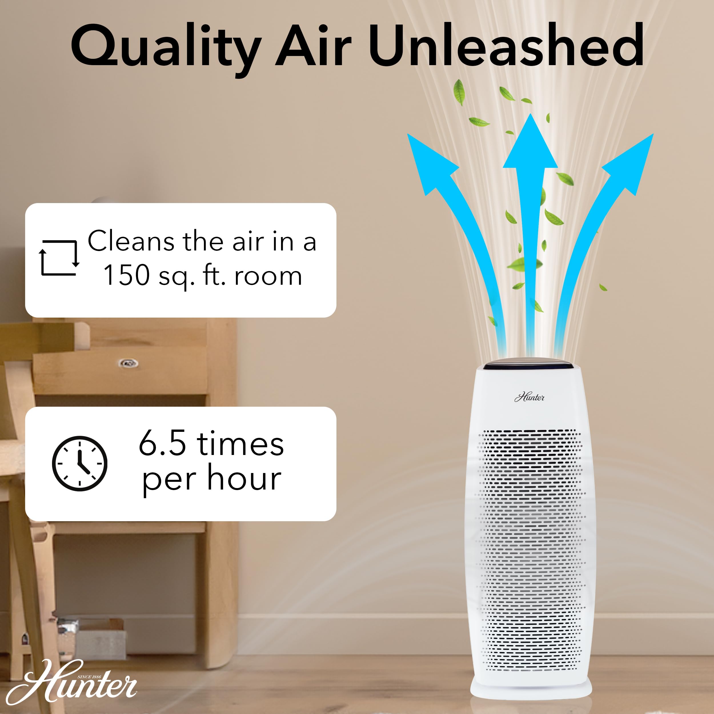 Hunter True HEPA Air Purifier for Large Rooms - 969 Sq Ft Coverage, 3 Fan Speeds & Sleep Mode | Removes Pet Dander, Smoke, Dust, Allergens & Odors | Ideal for Bedroom, Living Room & Office Use (Black)