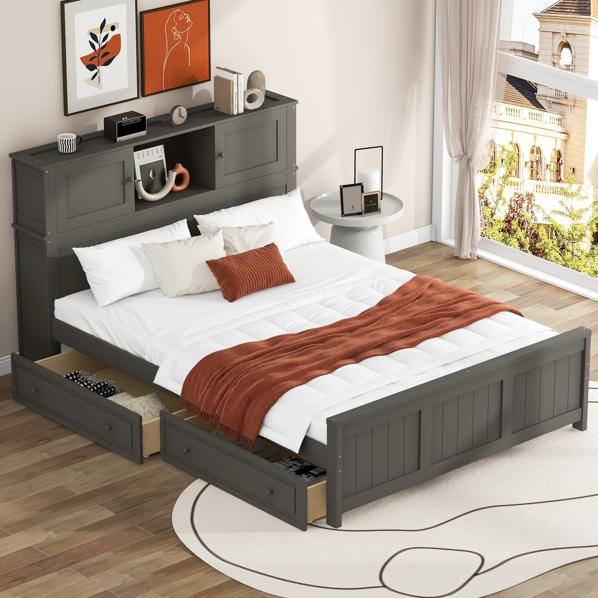 LZ LEISURE ZONE Full Size Platform Bed Frame with Storage Drawers & Sliding Door Headboard - Sturdy Wood Bed with Underbed Storage - Gray - Perfect for Small Bedrooms, Guest Rooms & Dorm Rooms