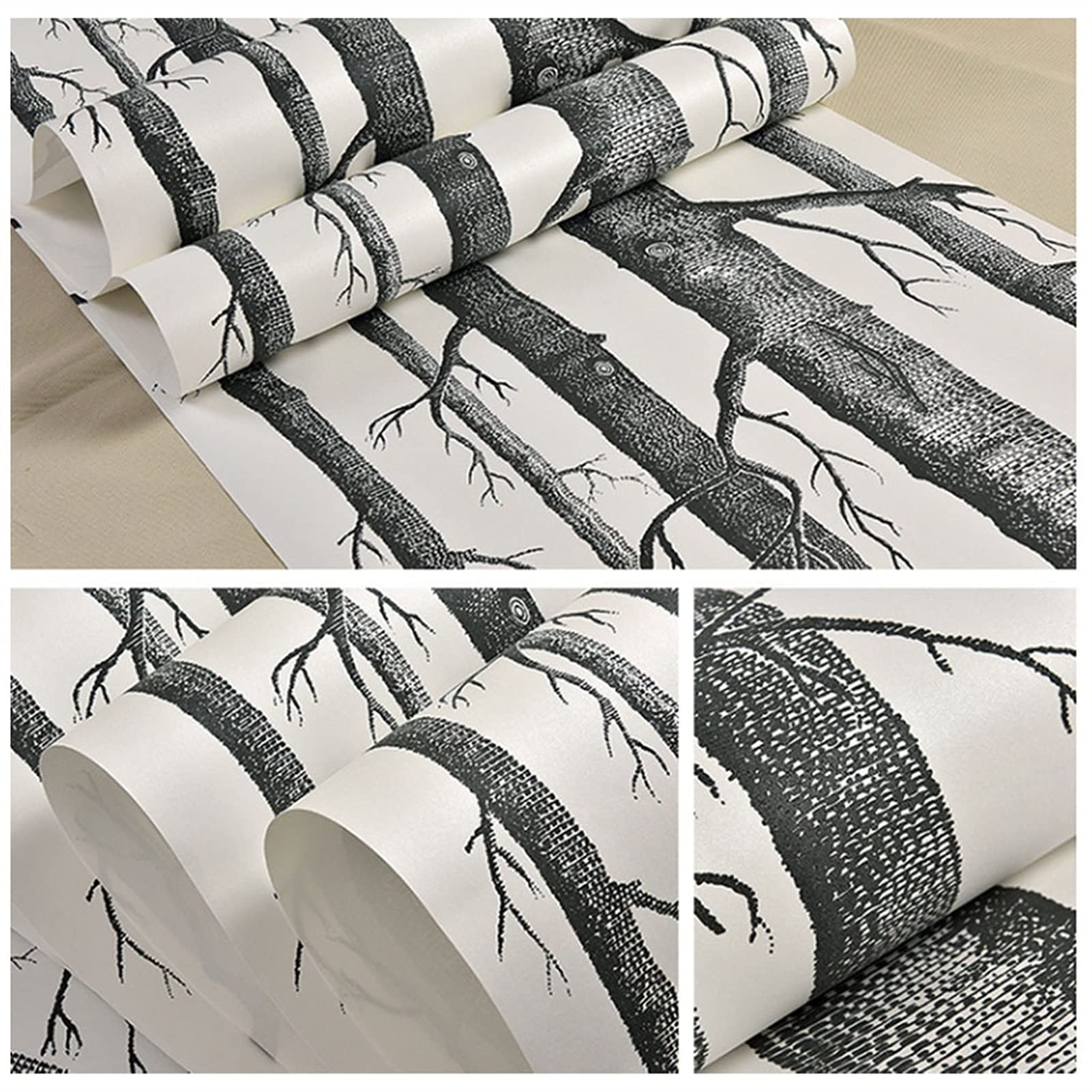 Abstract Black and White Branches Birch Forest Non-Woven Wallpaper - Modern Living Room TV Backdrop, Restaurant Decoration, Home Office Wall Covering | Peel & Stick Easy Installation for Bedroom, Dining Room, and Commercial Spaces