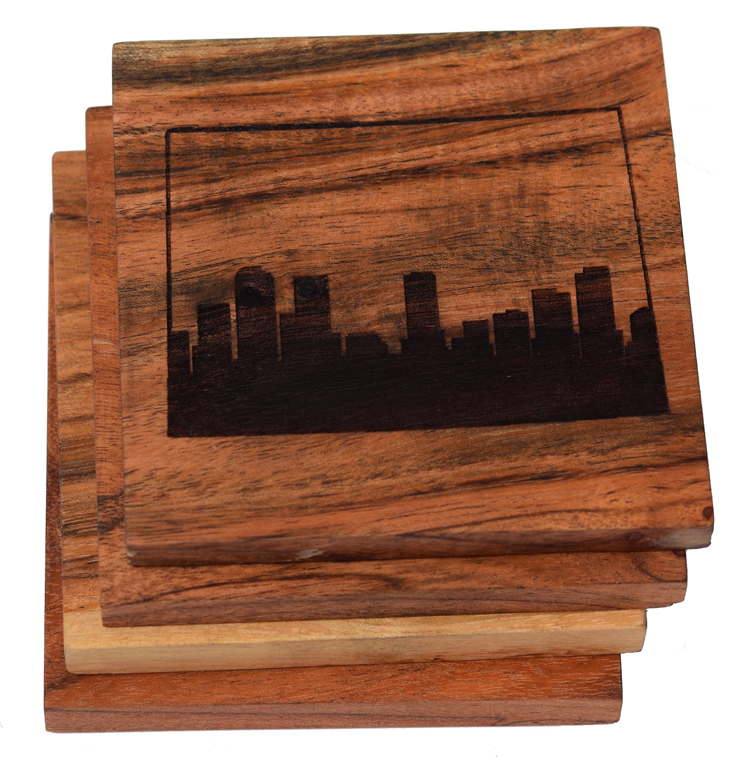 Denver Skyline Drink Coasters Set of 4 - Engraved Acacia Wood Coasters with Colorado Design - Perfect Denver Gifts & Souvenirs for Home, Office, or Bar Decor
